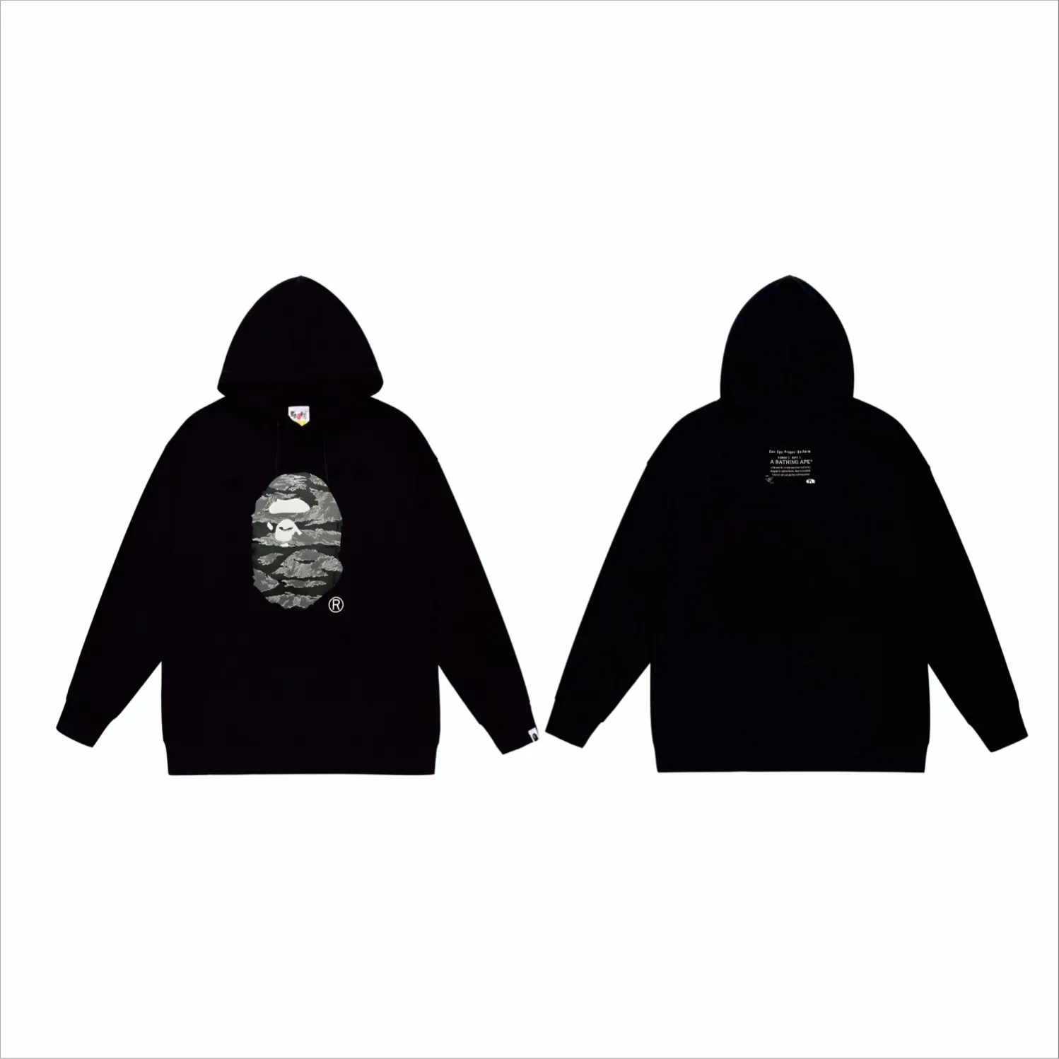 P160 model number SC853# terry 80 plus velvet 90 (top version) BAPE tiger stripe camouflage letters ape head print pattern hooded sweatshirt Made of 380g large terry (drop shoulder large version) fabric, soft texture and no pilling Imported environmentally friendly printing glue The pattern is bright and three-dimensional Quality 💥Same style for men and women The upper body is trendy Color: black white gray Size: S M L XL XXL