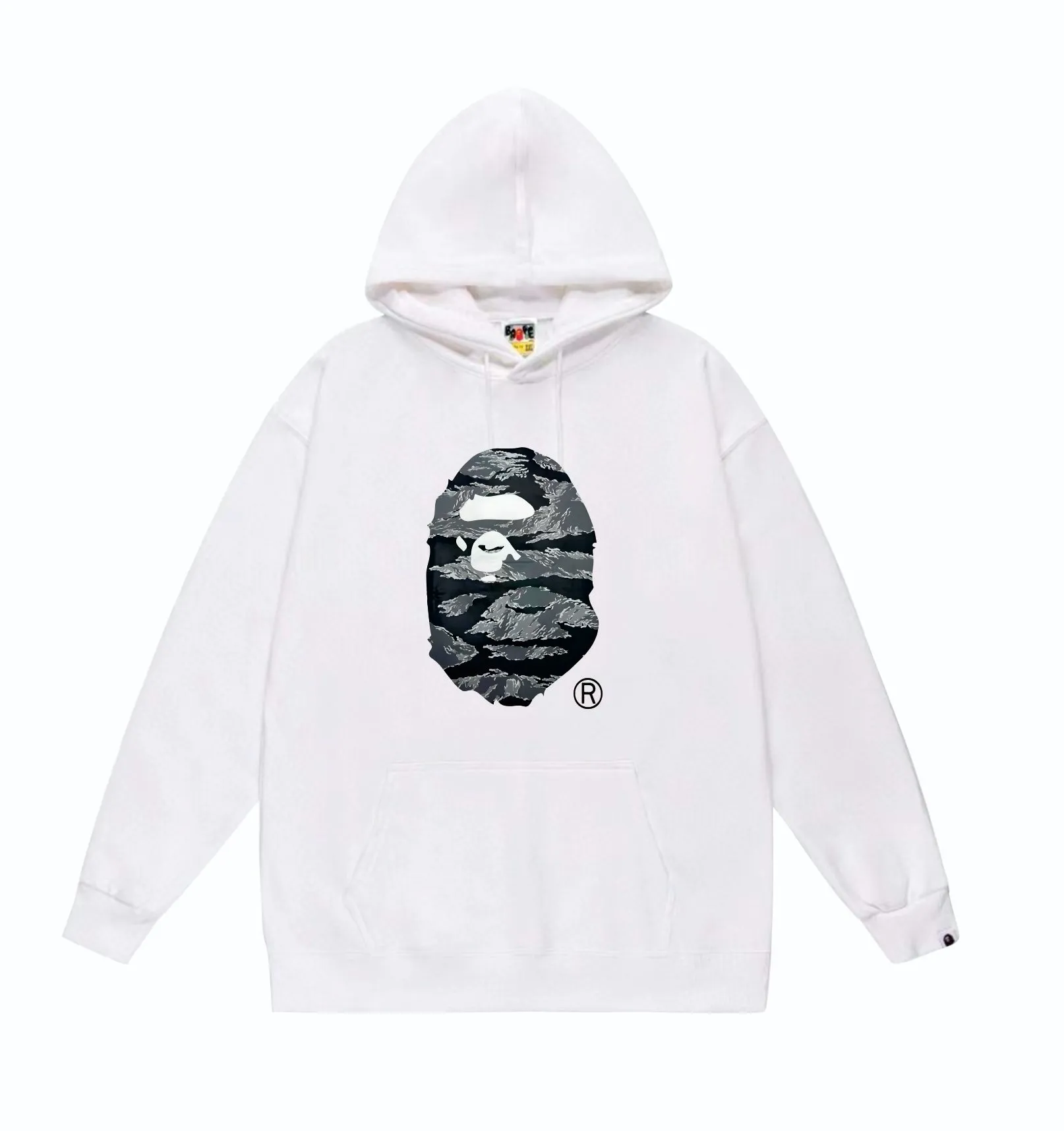P160 model number SC853# terry 80 plus velvet 90 (top version) BAPE tiger stripe camouflage letters ape head print pattern hooded sweatshirt Made of 380g large terry (drop shoulder large version) fabric, soft texture and no pilling Imported environmentally friendly printing glue The pattern is bright and three-dimensional Quality 💥Same style for men and women The upper body is trendy Color: black white gray Size: S M L XL XXL