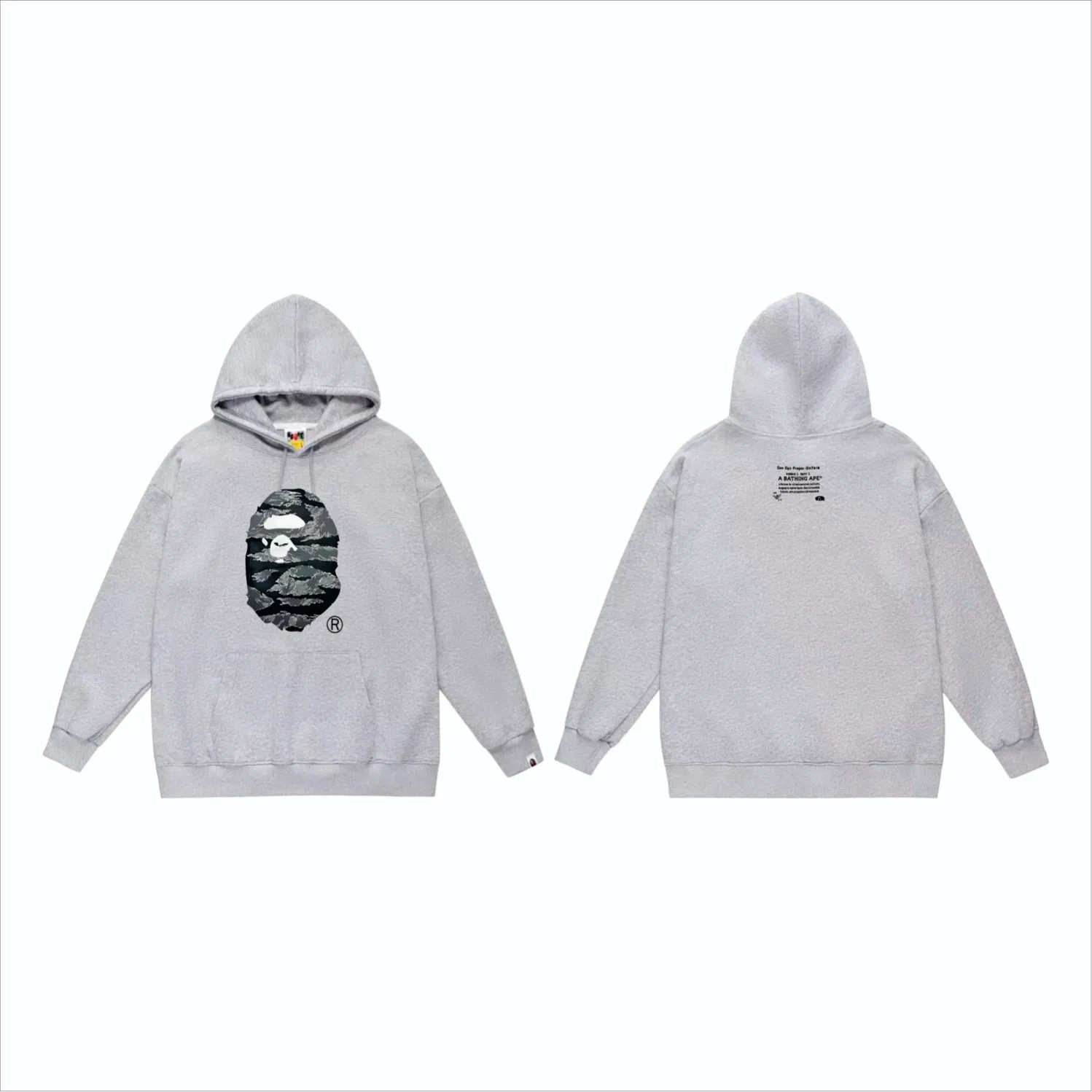 P160 model number SC853# terry 80 plus velvet 90 (top version) BAPE tiger stripe camouflage letters ape head print pattern hooded sweatshirt Made of 380g large terry (drop shoulder large version) fabric, soft texture and no pilling Imported environmentally friendly printing glue The pattern is bright and three-dimensional Quality 💥Same style for men and women The upper body is trendy Color: black white gray Size: S M L XL XXL