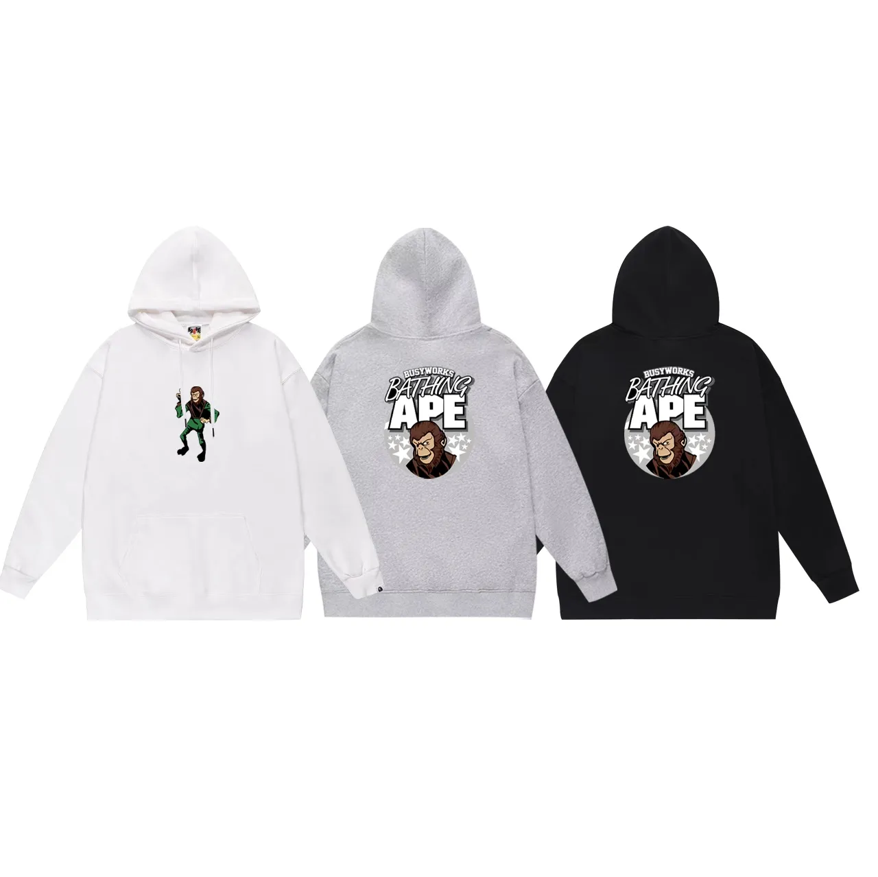 Model No. SC737#terry p160 plus velvet 180💰 (top version) BAPE autumn and winter ape head print pattern solid color hooded sweatshirt. Made of 380g large terry (drop shoulder large version) fabric. The texture is soft and non-pilling. Imported environmentally friendly printing glue. The pattern is bright and three-dimensional. Quality💥Same style for men and women. The upper body is trendy. Color: black white gray Size: S M L XL XXL