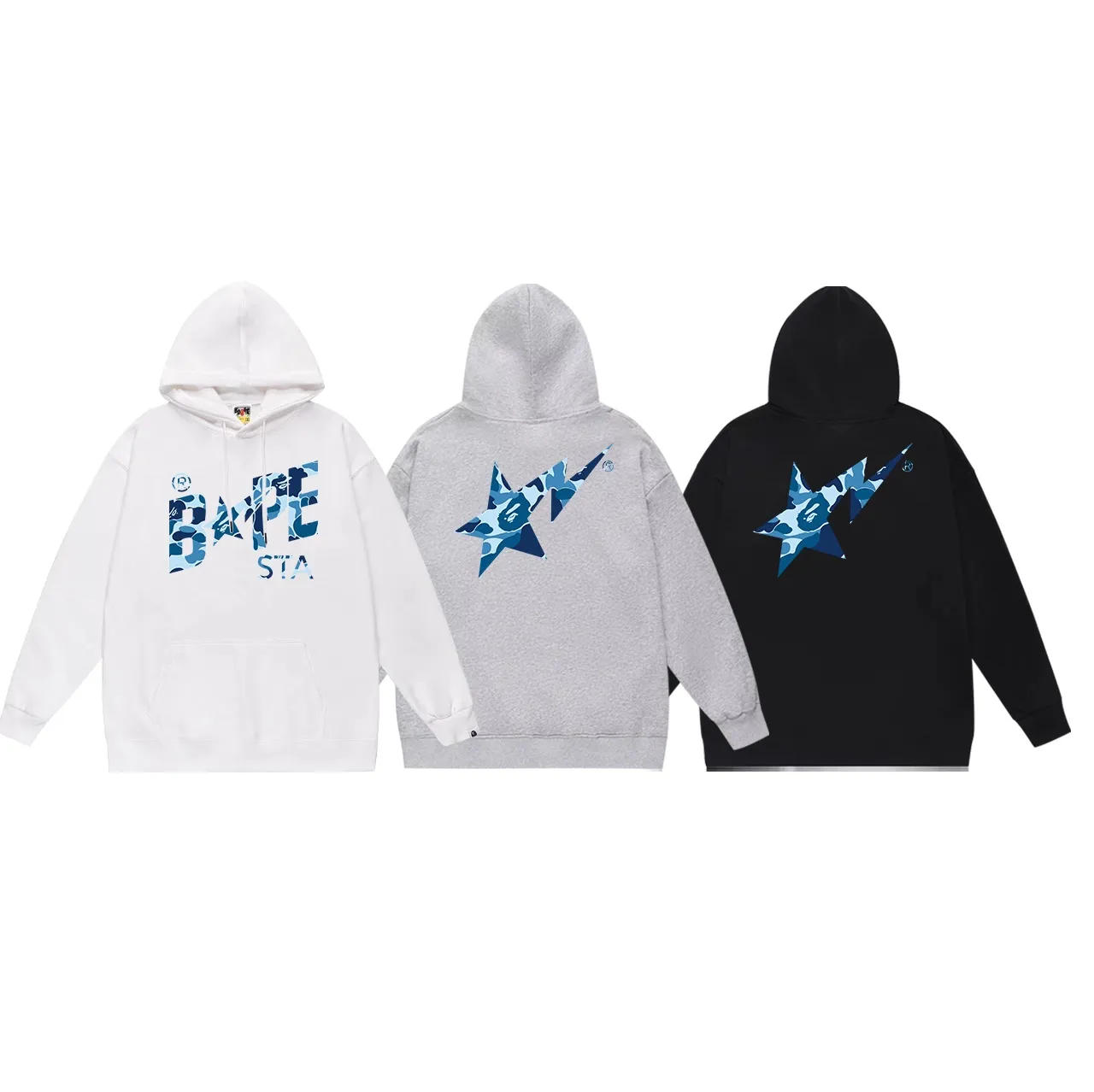 Model No. SC716# Terry p160 plus velvet 180💰 (top version) BAPE camouflage star letter printed hooded sweatshirt Made of 380g large terry (drop shoulder large version) fabric, soft and non-pilling, imported environmentally friendly printing glue, bright and three-dimensional pattern, quality 💥Same style for men and women. The upper body is trendy. Color: black blue, white blue, gray blue, size: S M L XL XXL