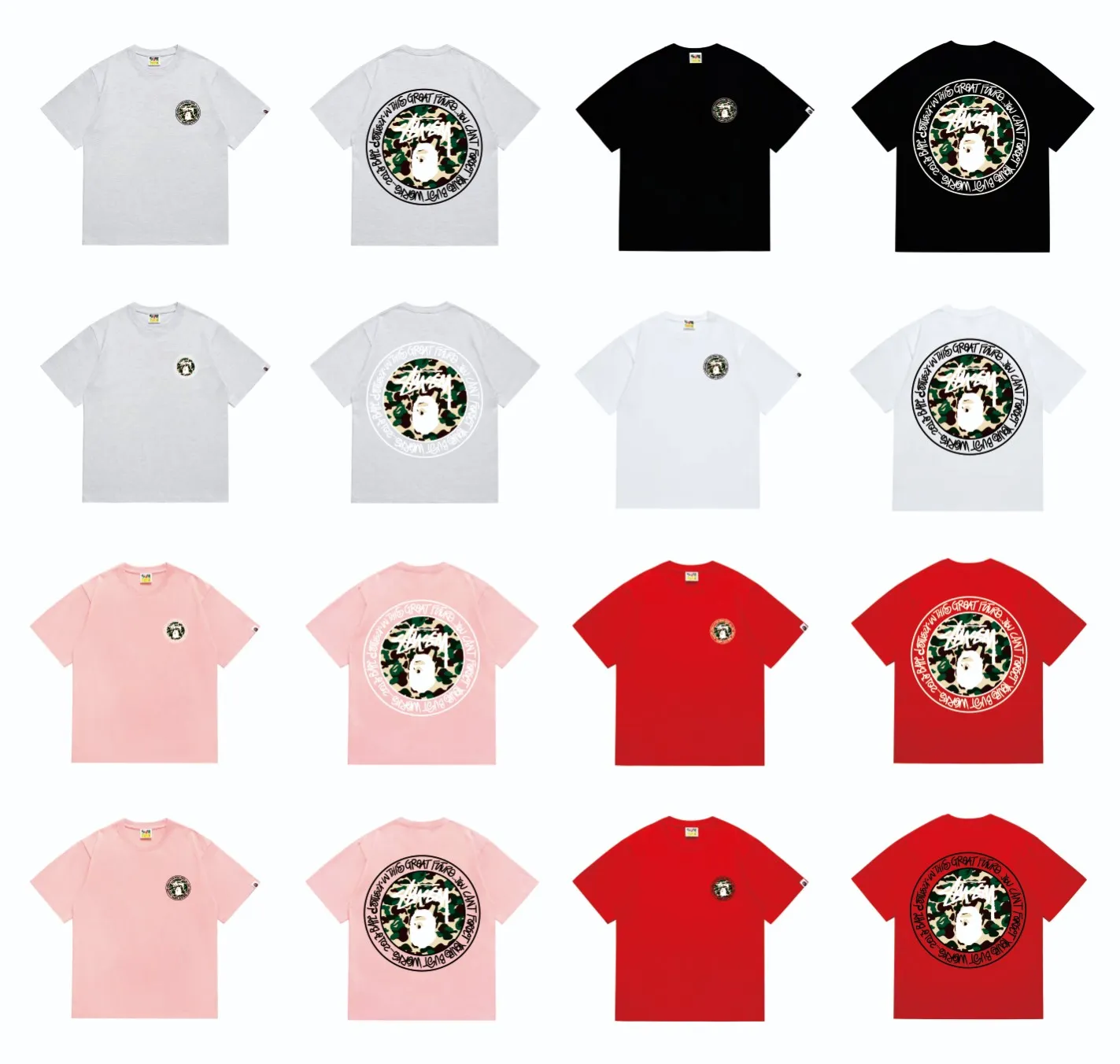 SC219#p110💰 (top version) BAPE×Stussy co-branded Stussy letter ape print T-shirt Made of 260 grams of high-quality high-weave pure cotton fabric, double yarn combed, soft texture without pilling, imported environmentally friendly printing glue, bright and three-dimensional pattern, quality 💥Same style for men and women, the upper body is fashionable Color: black and white print, gray and white print, pink and white print, red and white print, white and black print, gray and black print, red and black print Pink and black print Size: S M L XL XXL