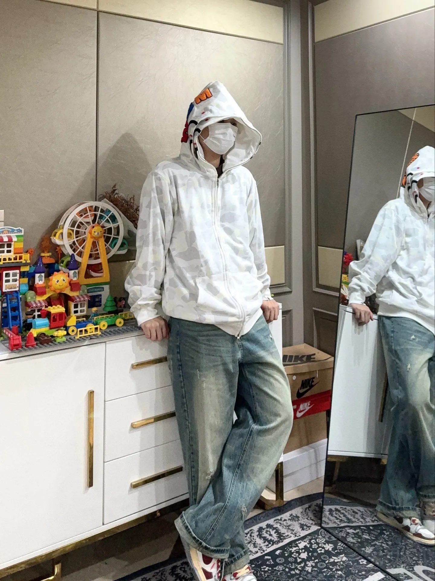 💰440 BAPE double hood camouflage luminous classic design printing custom fabrics couple model: S—XXL [gray white]