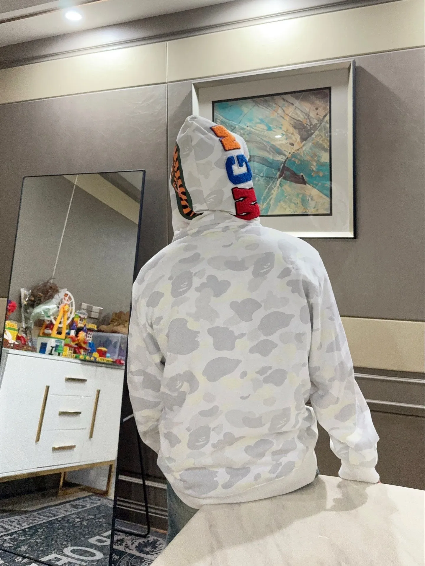 💰440 BAPE double hood camouflage luminous classic design printing custom fabrics couple model: S—XXL [gray white]