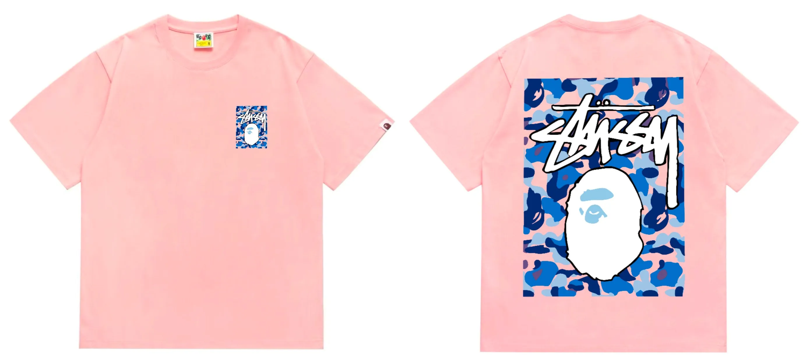 SC203#p110💰 (Top version) BAPE×Stussy co-branded Stussy letter ape print T-shirt Made of 260 grams of high-quality high-weave pure cotton fabric, double yarn combed, soft texture without pilling, imported environmentally friendly printing glue, bright and three-dimensional pattern, quality 💥Same style for men and women, the upper body is fashionable Color: black, blue and white, white, blue and white, pink, blue and white, gray, blue and white, red, blue and white, black, blue and black, white, blue and black Pink blue black Gray blue black Red blue black Size: S M L XL XXL