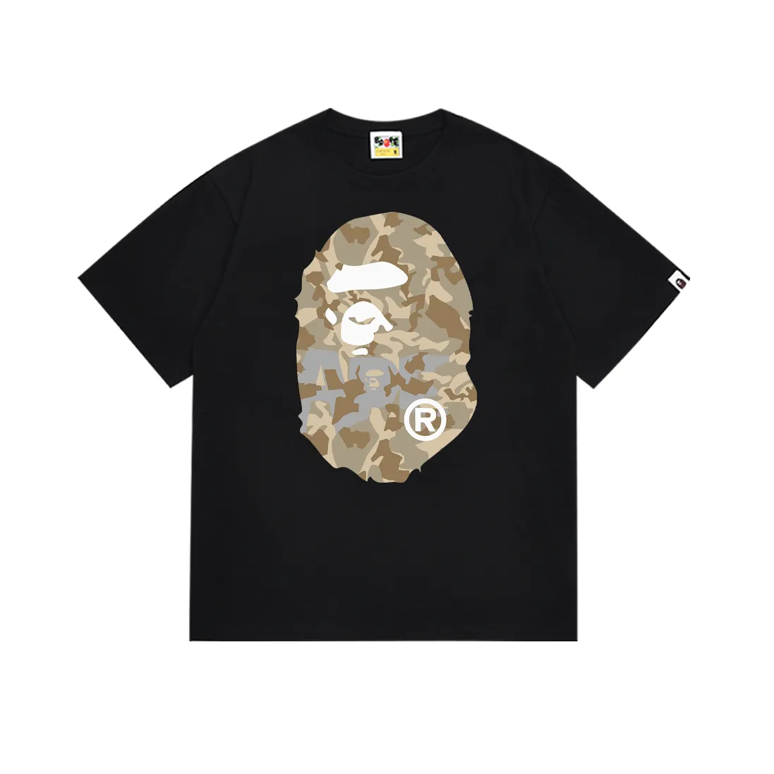 P110 SC030# (top version) BAPE letter desert camouflage ape head double-sided printed short-sleeved T-shirt Made of 260 grams of high-quality high-weave pure cotton fabric, double yarn combed, soft texture and no pilling Imported environmentally friendly printing glue The pattern is bright and three-dimensional Quality 💥Same style for men and women The upper body is trendy Color: black white Size: S M L XL XXL