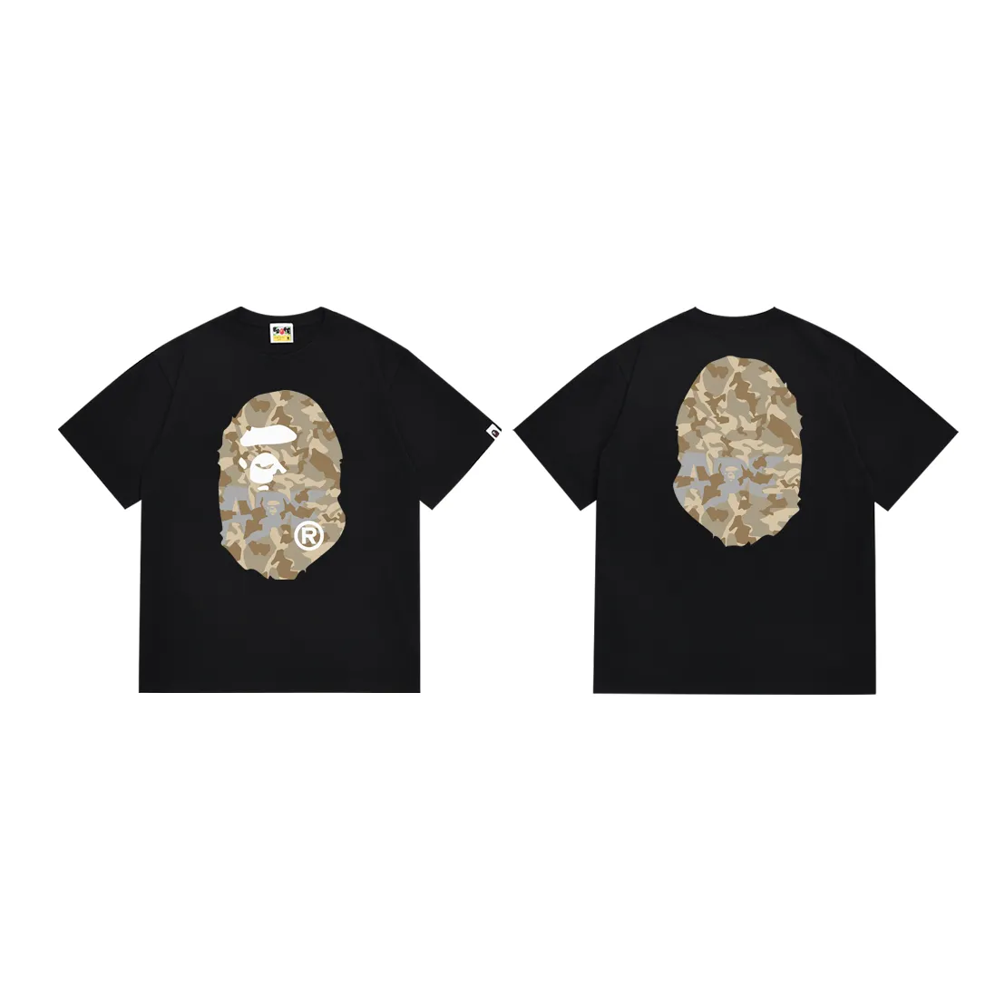 P110 SC030# (top version) BAPE letter desert camouflage ape head double-sided printed short-sleeved T-shirt Made of 260 grams of high-quality high-weave pure cotton fabric, double yarn combed, soft texture and no pilling Imported environmentally friendly printing glue The pattern is bright and three-dimensional Quality 💥Same style for men and women The upper body is trendy Color: black white Size: S M L XL XXL