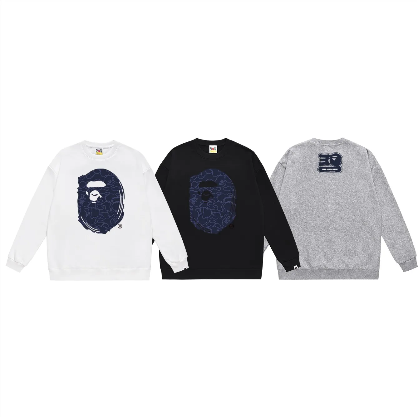 P160 model number SC473# terry 80 plus velvet 90 (top version) BAPE Monkey Head 30th Anniversary Limited Edition Camouflage Round Neck Sweater Made of 380g large terry (drop shoulder large version) fabric, soft and non-pilling texture, imported environmentally friendly printing glue, bright and three-dimensional pattern, quality 💥Same style for men and women. The upper body is trendy. Colors: black green, white green, gray green, black red, white red, gray red, black blue, white blue Gray blue Size: S M L XL XXL