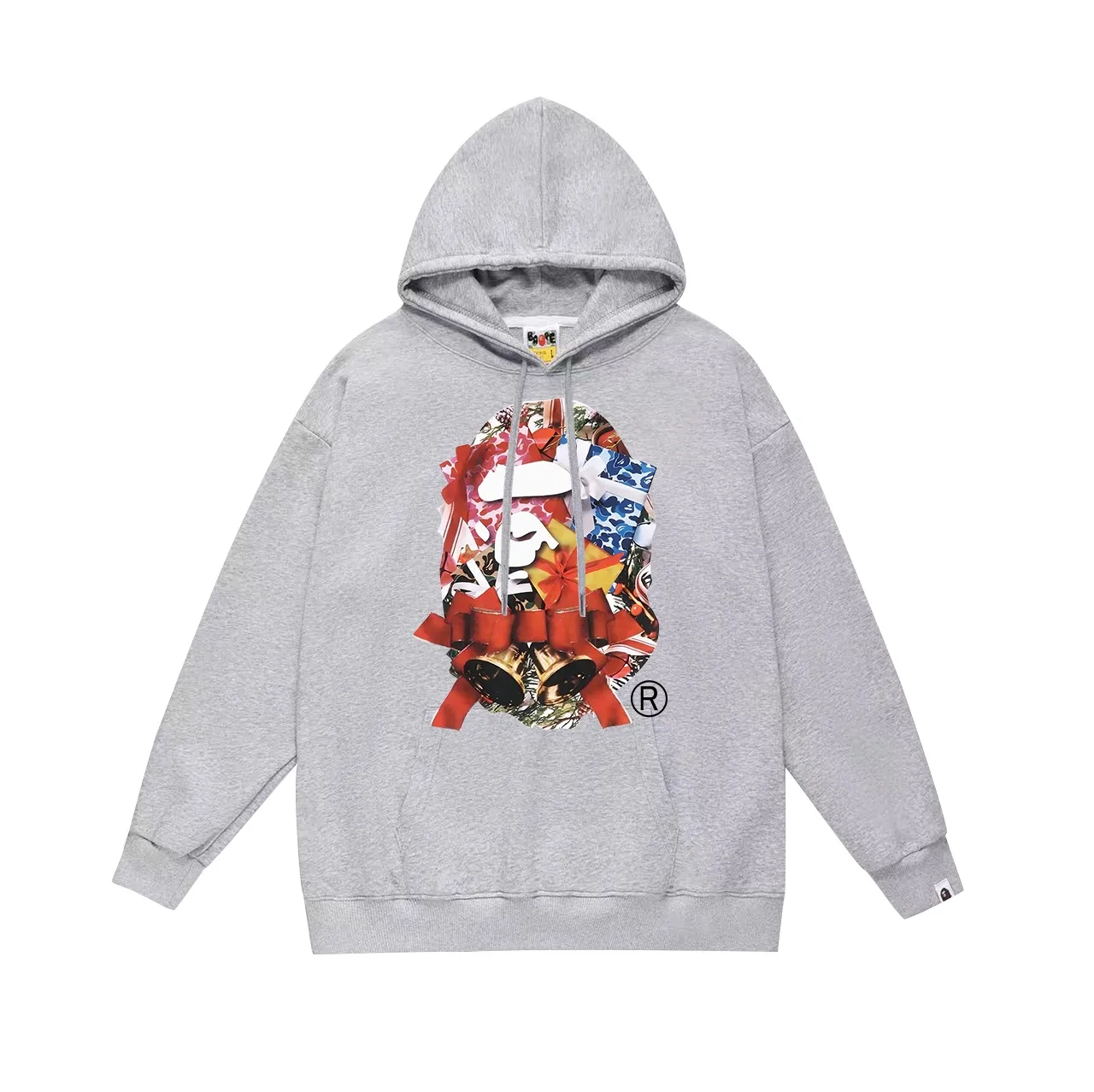 Model No. SC713# Terry p160 plus velvet 180💰 (top version) BAPE autumn and winter Christmas bell gift box ape head print hooded sweatshirt. Made of 380 grams of large terry (drop shoulder large version) fabric. The texture is soft and non-pilling. Imported environmentally friendly printing glue. The pattern is bright and three-dimensional. Quality💥Same style for men and women. The upper body is trendy. Color: black white gray Size: S M L XL XXL