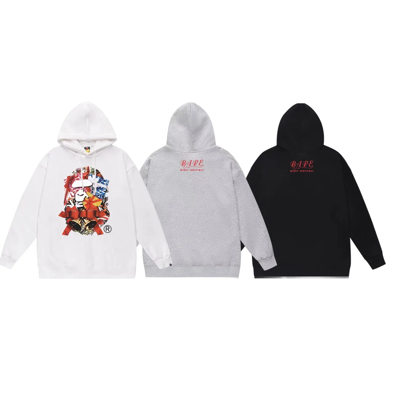 Model No. SC713# Terry p160 plus velvet 180💰 (top version) BAPE autumn and winter Christmas bell gift box ape head print hooded sweatshirt. Made of 380 grams of large terry (drop shoulder large version) fabric. The texture is soft and non-pilling. Imported environmentally friendly printing glue. The pattern is bright and three-dimensional. Quality💥Same style for men and women. The upper body is trendy. Color: black white gray Size: S M L XL XXL