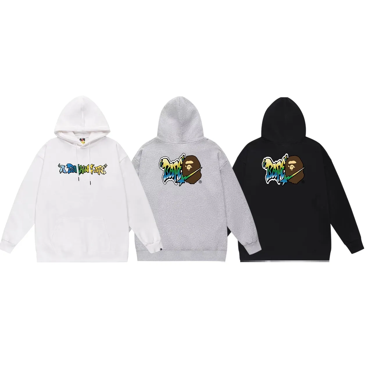 Model No. SC692# terry p160 plus velvet p180💰 (top version) BAPE graffiti letter ape head star printed hooded sweatshirt. Made of 380g large terry 430g silver fox velvet (drop shoulder large version) fabric. The texture is soft and non-pilling. Imported environmentally friendly printing glue. The pattern is bright and three-dimensional. Quality💥Same style for men and women. The upper body is trendy. Color: black white gray Size: S M L XL XXL