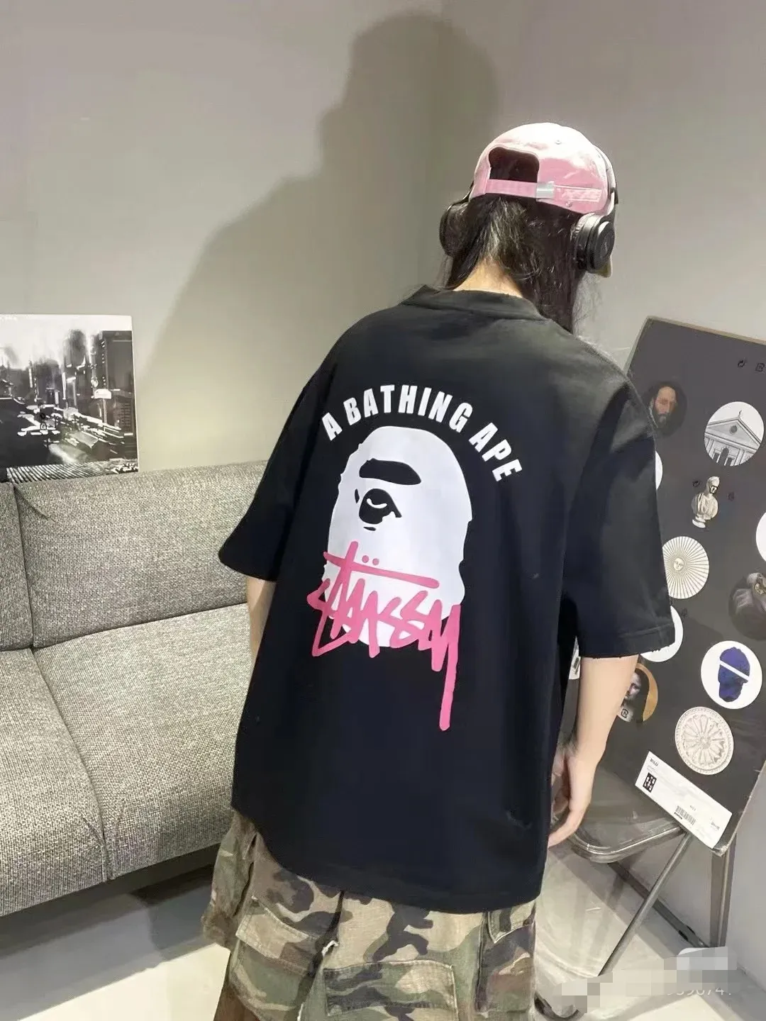 P110 00141 BAPE ape head Stussy co-branded printed short-sleeved T-shirt, complete with three labels, same style for men and women, loose and large version, size SMLXLXXL, black, white