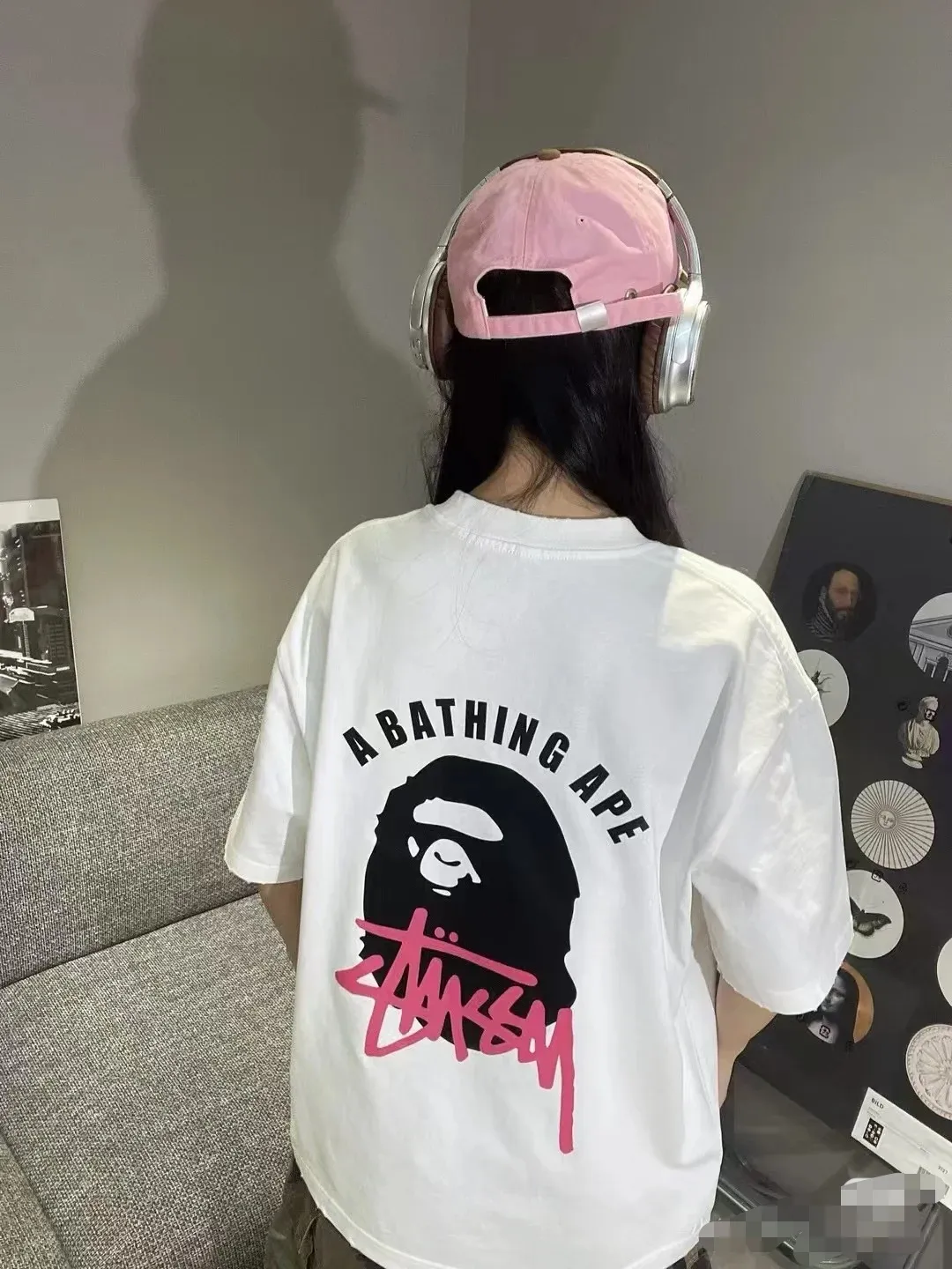 P110 00141 BAPE ape head Stussy co-branded printed short-sleeved T-shirt, complete with three labels, same style for men and women, loose and large version, size SMLXLXXL, black, white