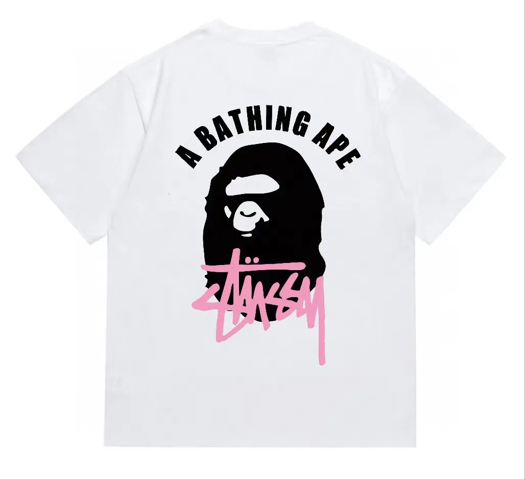 P110 00141 BAPE ape head Stussy co-branded printed short-sleeved T-shirt, complete with three labels, same style for men and women, loose and large version, size SMLXLXXL, black, white