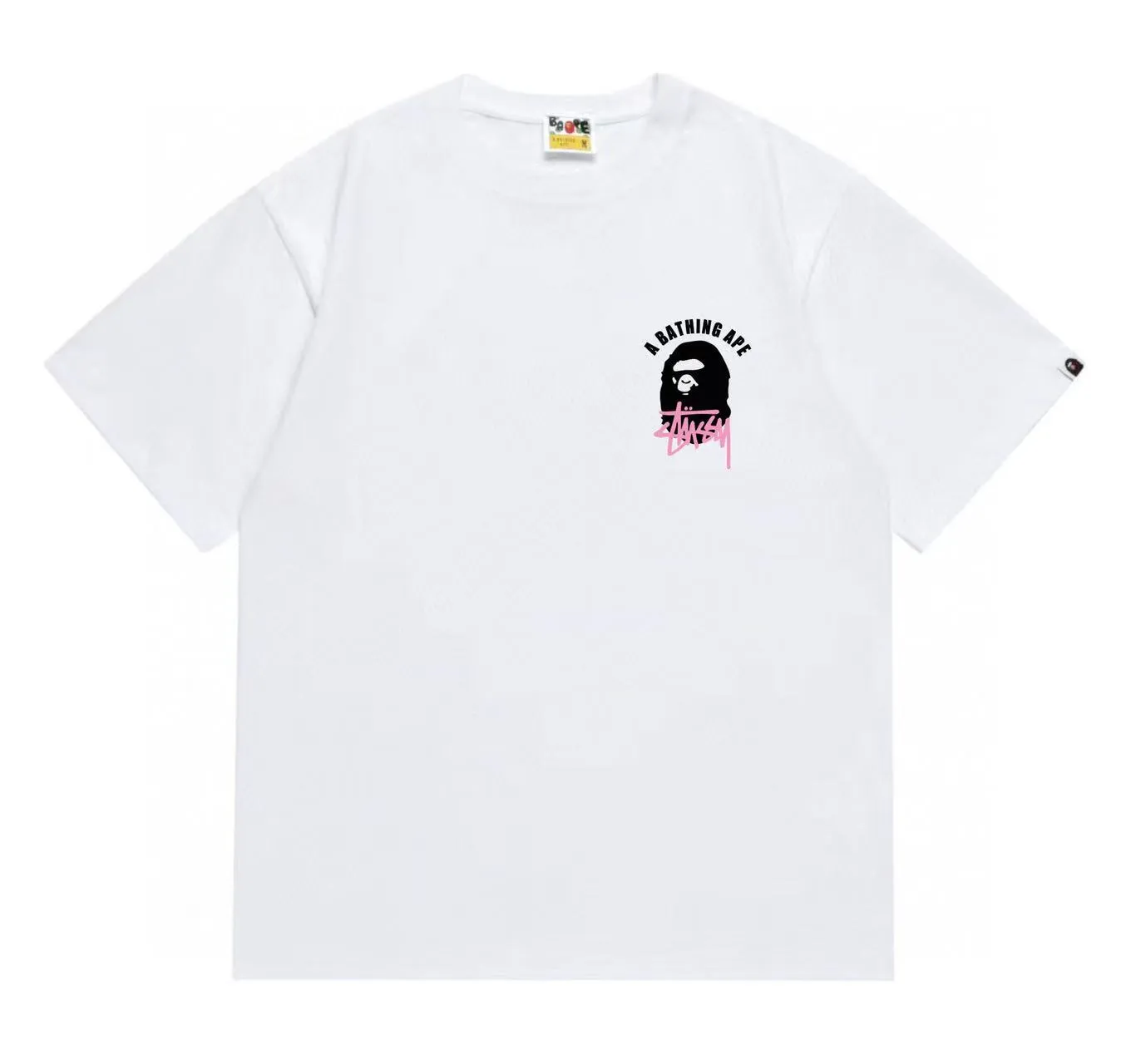 P110 00141 BAPE ape head Stussy co-branded printed short-sleeved T-shirt, complete with three labels, same style for men and women, loose and large version, size SMLXLXXL, black, white