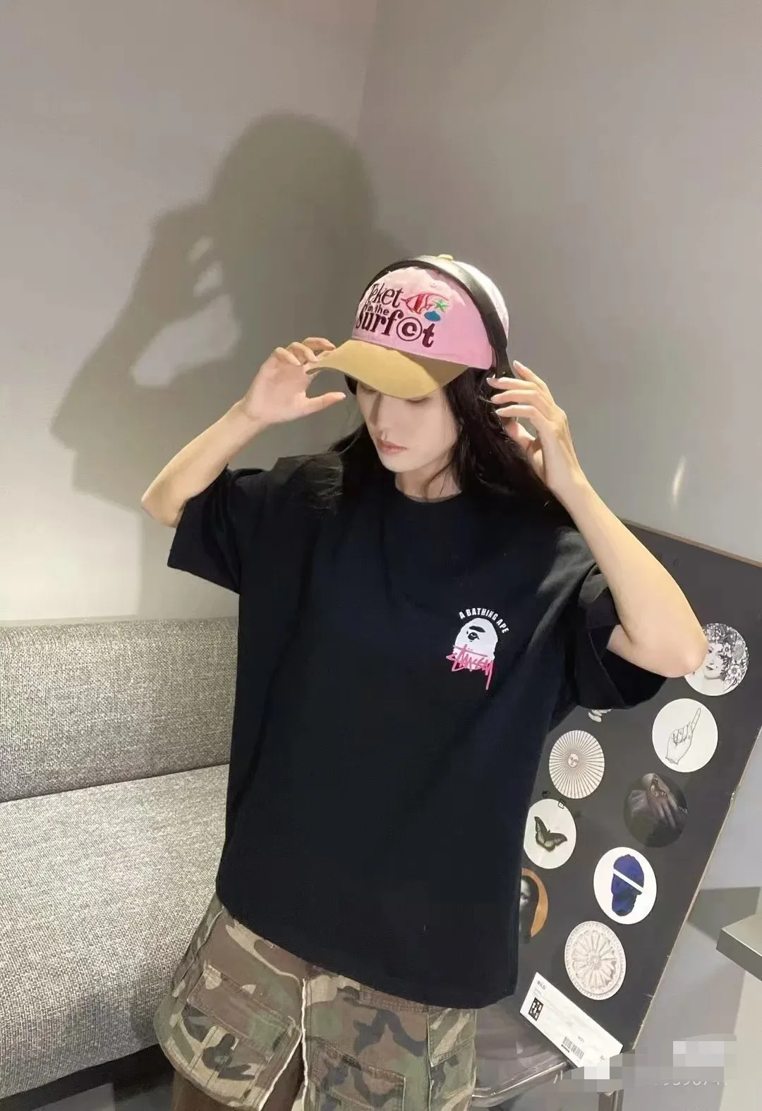 P110 00141 BAPE ape head Stussy co-branded printed short-sleeved T-shirt, complete with three labels, same style for men and women, loose and large version, size SMLXLXXL, black, white