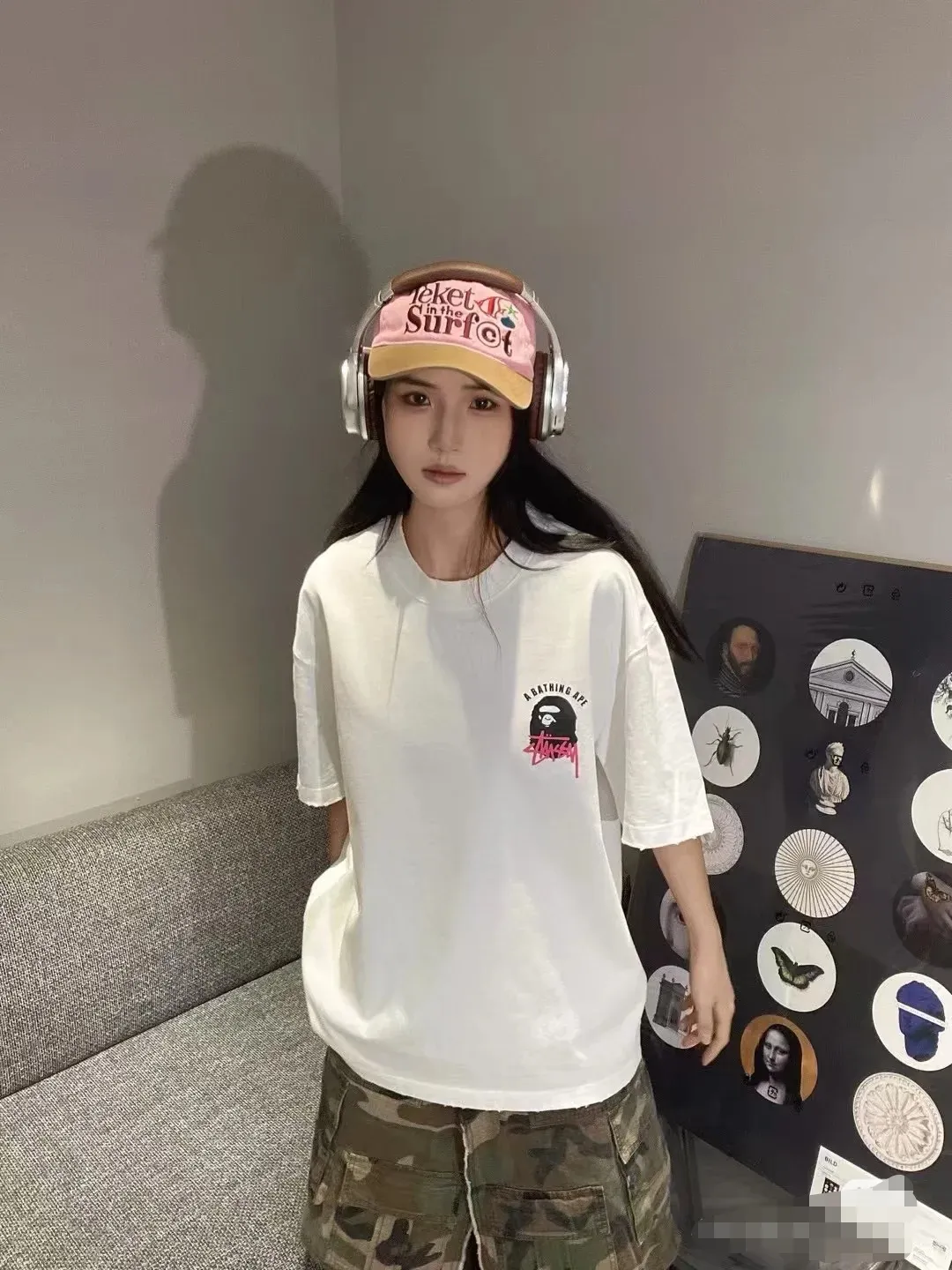 P110 00141 BAPE ape head Stussy co-branded printed short-sleeved T-shirt, complete with three labels, same style for men and women, loose and large version, size SMLXLXXL, black, white