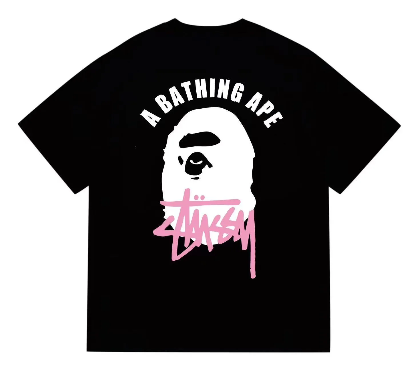 P110 00141 BAPE ape head Stussy co-branded printed short-sleeved T-shirt, complete with three labels, same style for men and women, loose and large version, size SMLXLXXL, black, white