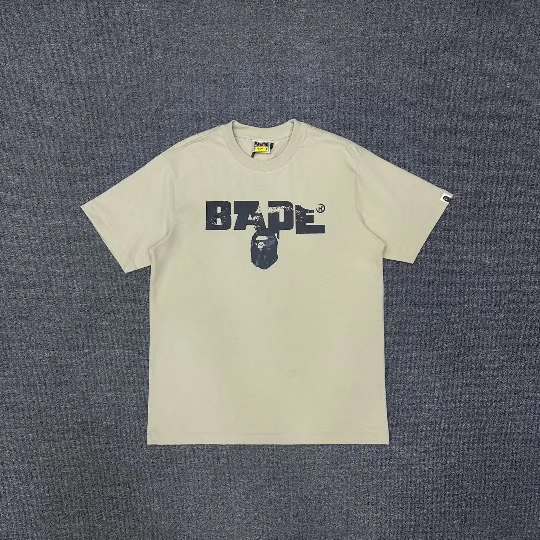 💰140 BAPE Ape Army letter pattern printed round neck short-sleeved T-shirt 280g weight linen cotton fabric Couple style: S-XXL [Black Apricot]