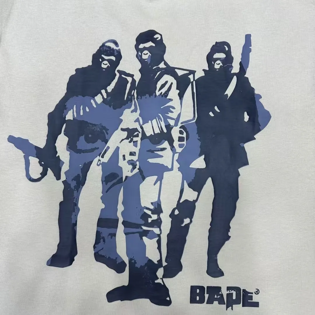 💰140 BAPE Ape Army letter pattern printed round neck short-sleeved T-shirt 280g weight linen cotton fabric Couple style: S-XXL [Black Apricot]