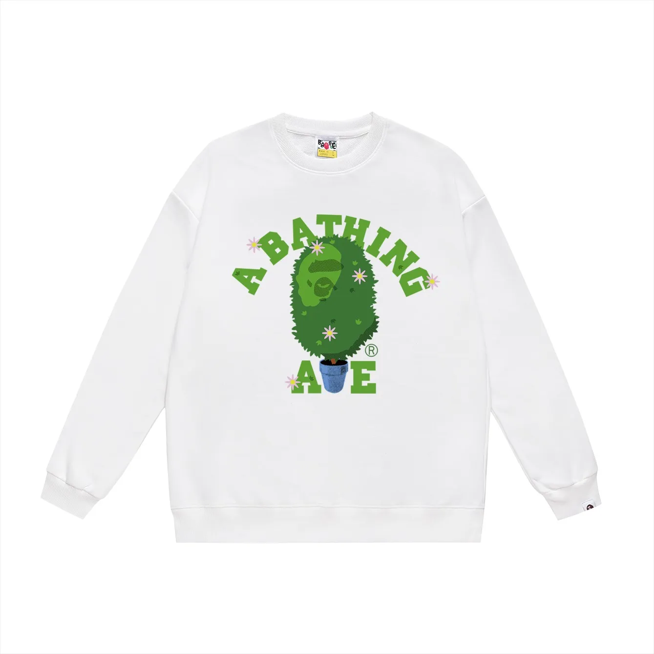 P150 model number SC483# terry 75 plus velvet 80 (top version) BAPE potted flower limited edition printed round neck sweatshirt. Made of 350g large terry (drop shoulder large version) fabric. The texture is soft and non-pilling. Imported environmentally friendly printing glue. The pattern is bright and three-dimensional. Quality 💥Same style for men and women. The upper body is trendy. Color: black white gray Size: S M L XL XXL