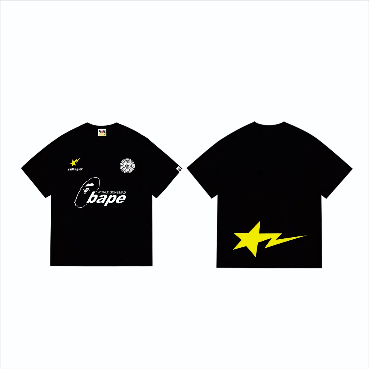 SC263#p110💰 (top version) BAPE ape head letter contrast star printed short-sleeved T-shirt Made of 260 grams of high-quality high-weave pure cotton fabric, double yarn combed, soft and non-pilling texture, imported environmentally friendly printing glue, bright and three-dimensional pattern, quality 💥Same style for men and women, the upper body is fashionable Color: black white Size: S M L XL XXL
