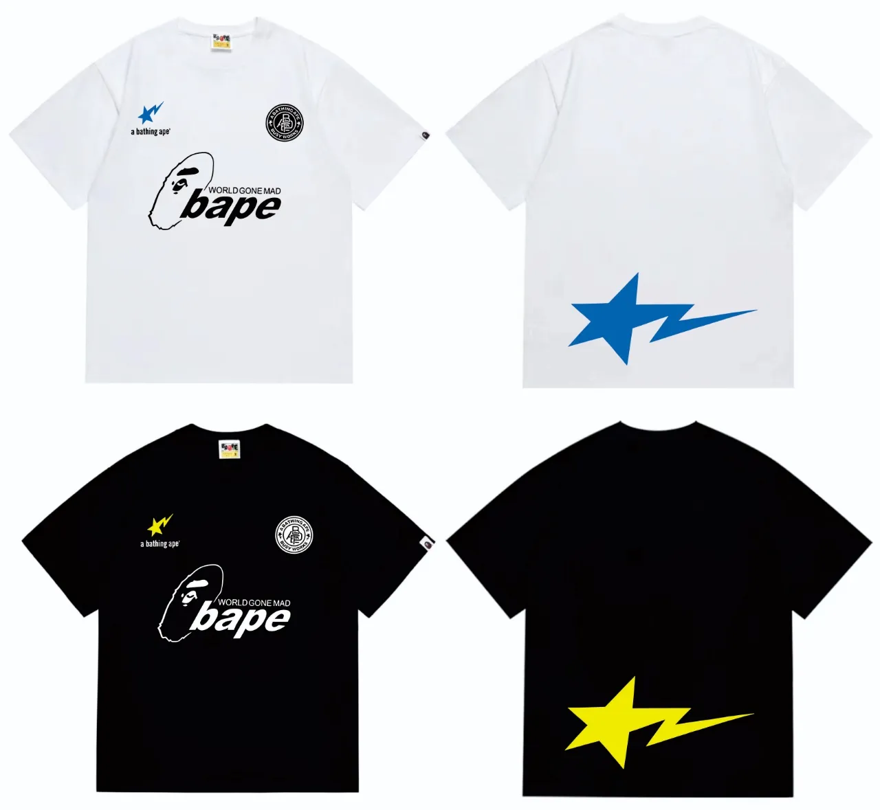 SC263#p110💰 (top version) BAPE ape head letter contrast star printed short-sleeved T-shirt Made of 260 grams of high-quality high-weave pure cotton fabric, double yarn combed, soft and non-pilling texture, imported environmentally friendly printing glue, bright and three-dimensional pattern, quality 💥Same style for men and women, the upper body is fashionable Color: black white Size: S M L XL XXL
