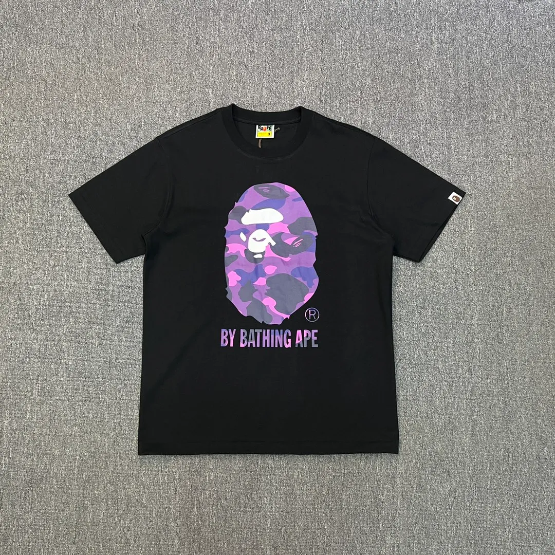 💰140 BAPE camouflage great ape letter print short-sleeved T-shirt 280g weight linen cotton fabric Couple style: S-XXL [white blue black blue white red black red white purple black purple]