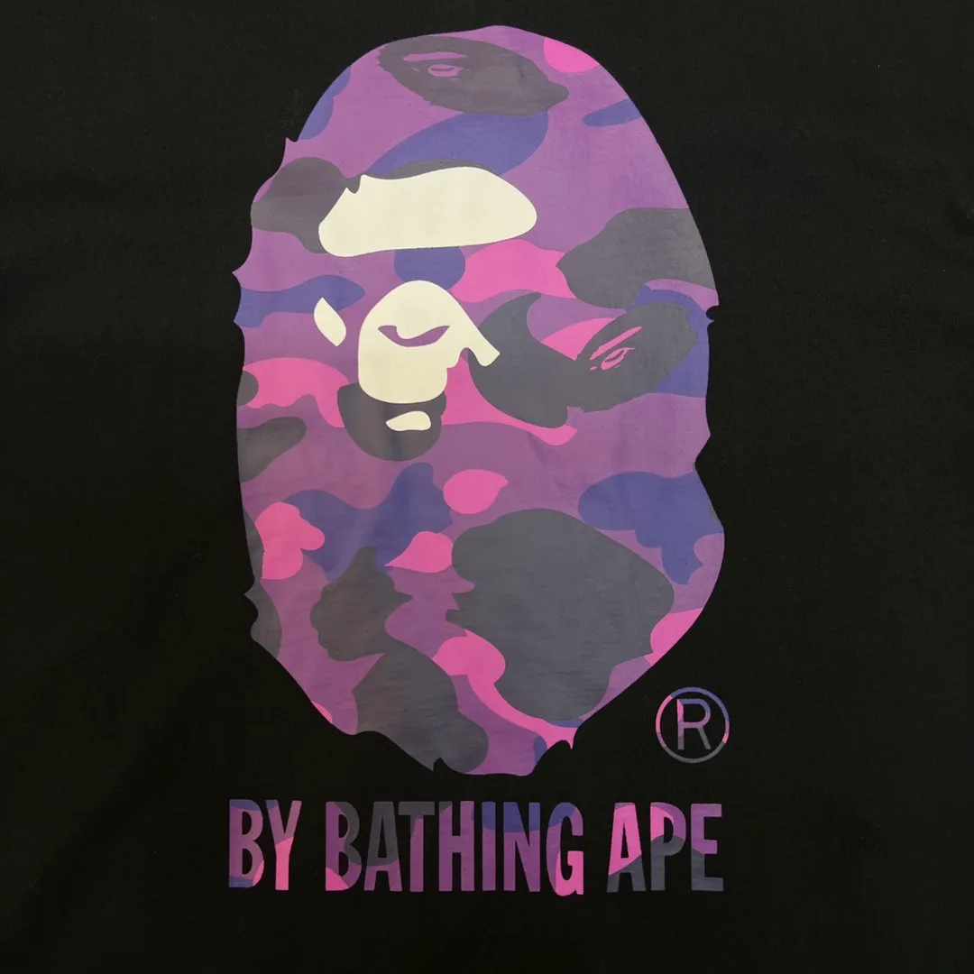 💰140 BAPE camouflage great ape letter print short-sleeved T-shirt 280g weight linen cotton fabric Couple style: S-XXL [white blue black blue white red black red white purple black purple]
