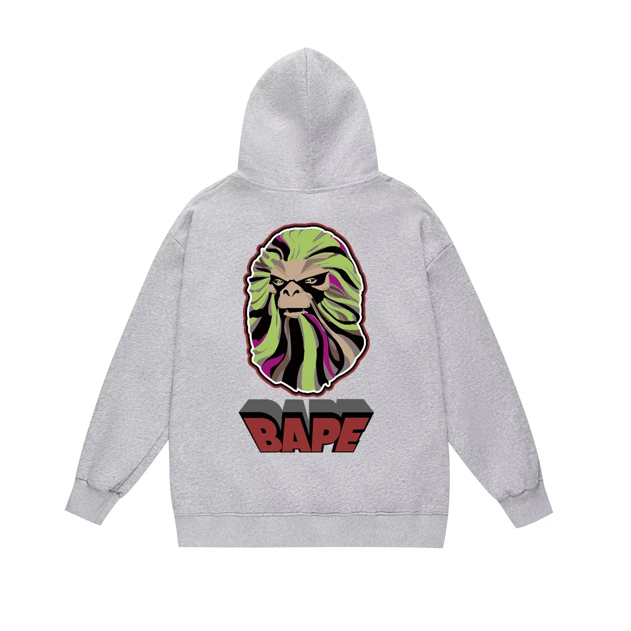Model No. SC650# Terry p160 plus velvet p180💰 (top version) BAPE ape head printed hooded sweatshirt with big ape head print on the back. Made of 380g large terry 430g silver fox velvet (drop shoulder large version) fabric. The texture is soft and non-pilling. Imported environmentally friendly printing glue. The pattern is bright and three-dimensional. Quality💥Same style for men and women. The upper body is trendy. Color: black white gray Size: S M L XL XXL