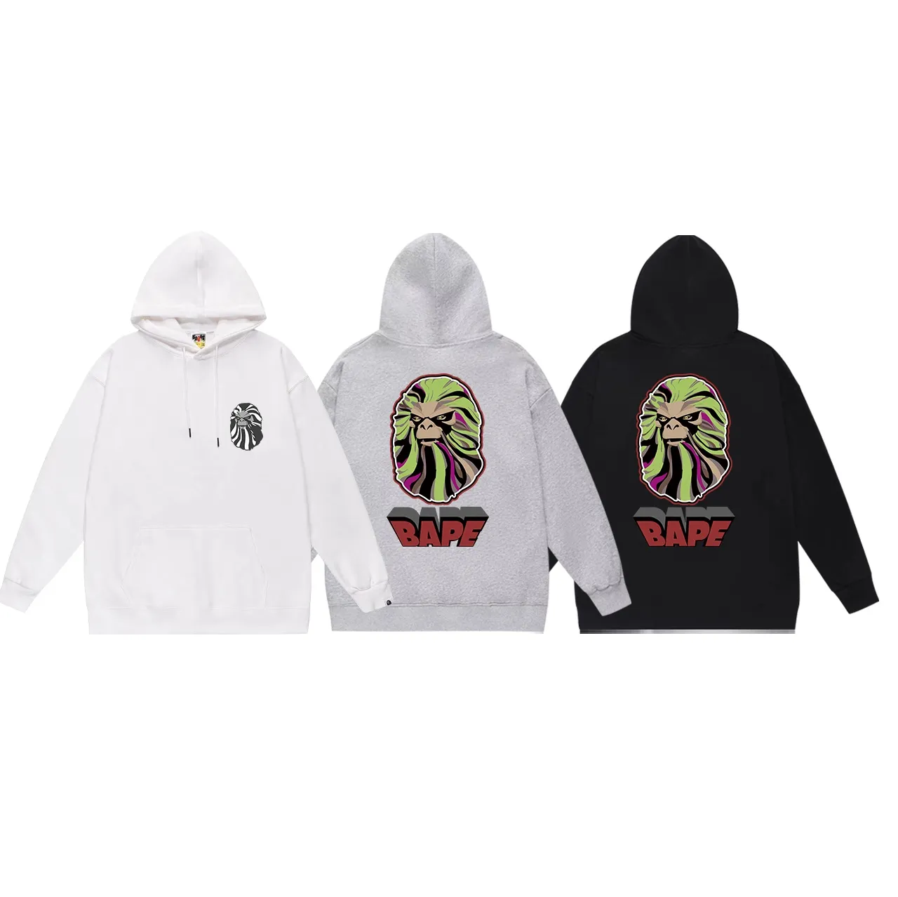 Model No. SC650# Terry p160 plus velvet p180💰 (top version) BAPE ape head printed hooded sweatshirt with big ape head print on the back. Made of 380g large terry 430g silver fox velvet (drop shoulder large version) fabric. The texture is soft and non-pilling. Imported environmentally friendly printing glue. The pattern is bright and three-dimensional. Quality💥Same style for men and women. The upper body is trendy. Color: black white gray Size: S M L XL XXL
