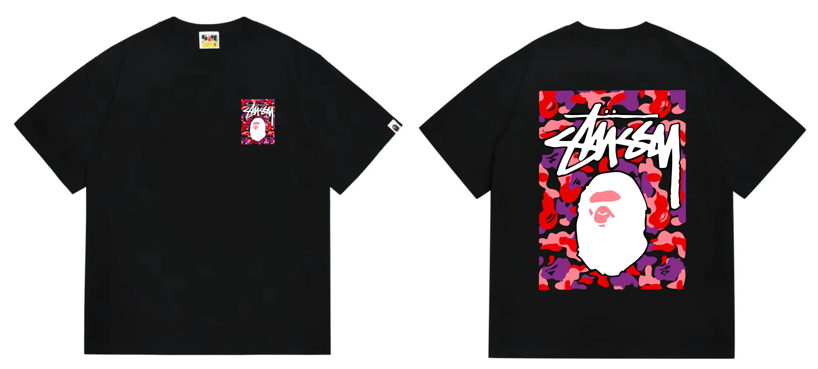SC203#p110💰 (top version) BAPE×Stussy co-branded Stussy letter ape print T-shirt Made of 260 grams of high-quality high-weave pure cotton fabric, double yarn combed, soft texture without pilling, imported environmentally friendly printing glue, bright and three-dimensional pattern, quality 💥Same style for men and women, the upper body is fashionable Color: black red and white white red white pink white gray red white red red white black red black white red black Pink and black Gray red and black Red red black Size: S M L XL XXL