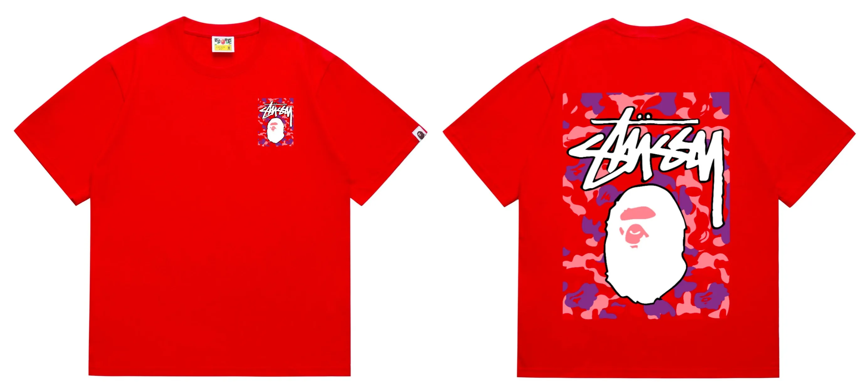 SC203#p110💰 (top version) BAPE×Stussy co-branded Stussy letter ape print T-shirt Made of 260 grams of high-quality high-weave pure cotton fabric, double yarn combed, soft texture without pilling, imported environmentally friendly printing glue, bright and three-dimensional pattern, quality 💥Same style for men and women, the upper body is fashionable Color: black red and white white red white pink white gray red white red red white black red black white red black Pink and black Gray red and black Red red black Size: S M L XL XXL