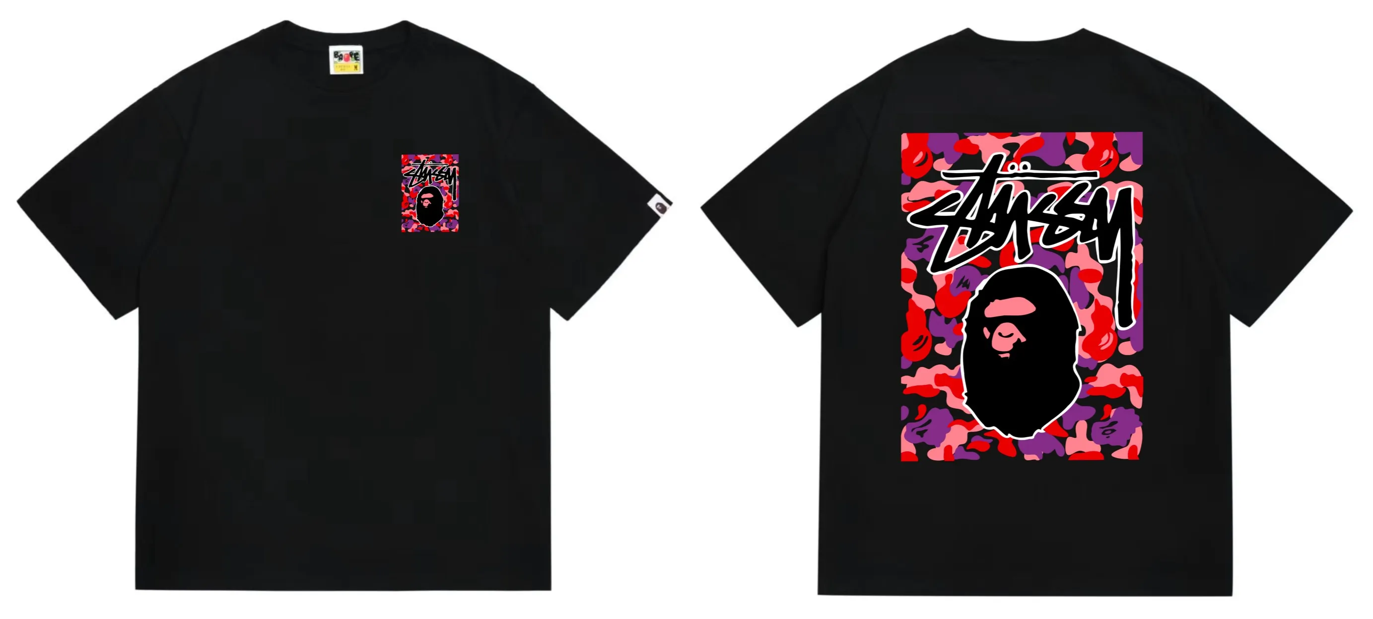SC203#p110💰 (top version) BAPE×Stussy co-branded Stussy letter ape print T-shirt Made of 260 grams of high-quality high-weave pure cotton fabric, double yarn combed, soft texture without pilling, imported environmentally friendly printing glue, bright and three-dimensional pattern, quality 💥Same style for men and women, the upper body is fashionable Color: black red and white white red white pink white gray red white red red white black red black white red black Pink and black Gray red and black Red red black Size: S M L XL XXL