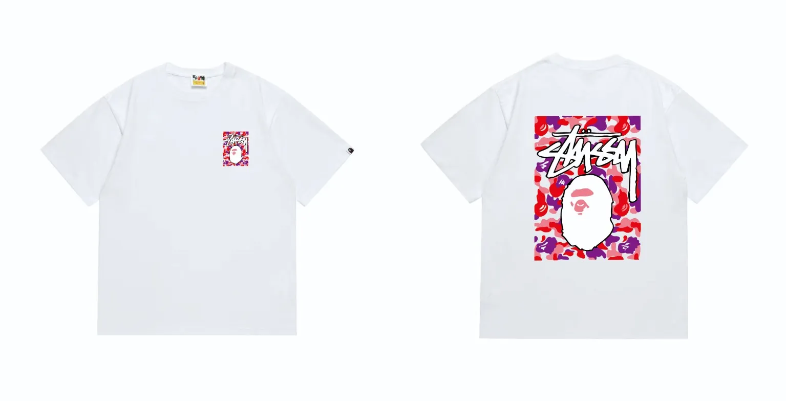 SC203#p110💰 (top version) BAPE×Stussy co-branded Stussy letter ape print T-shirt Made of 260 grams of high-quality high-weave pure cotton fabric, double yarn combed, soft texture without pilling, imported environmentally friendly printing glue, bright and three-dimensional pattern, quality 💥Same style for men and women, the upper body is fashionable Color: black red and white white red white pink white gray red white red red white black red black white red black Pink and black Gray red and black Red red black Size: S M L XL XXL