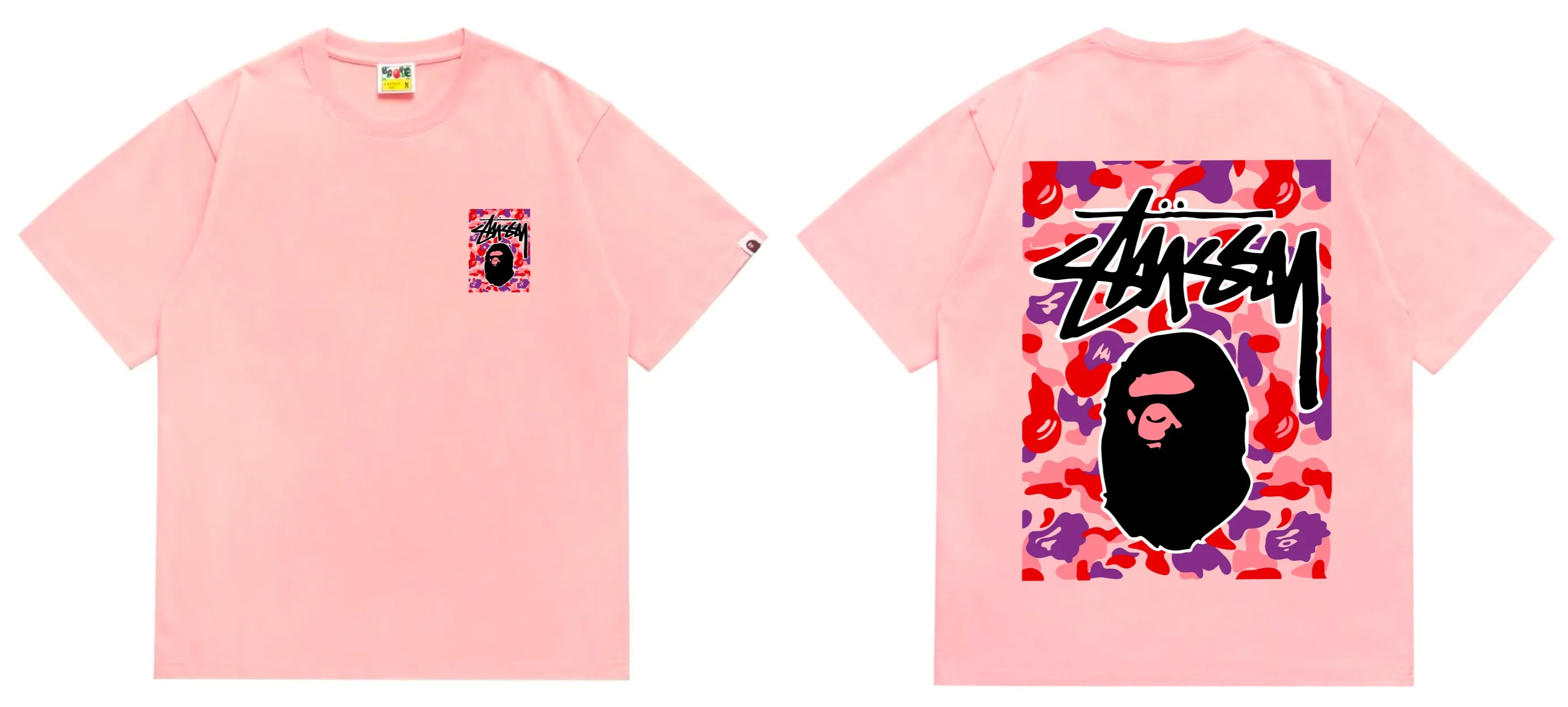SC203#p110💰 (top version) BAPE×Stussy co-branded Stussy letter ape print T-shirt Made of 260 grams of high-quality high-weave pure cotton fabric, double yarn combed, soft texture without pilling, imported environmentally friendly printing glue, bright and three-dimensional pattern, quality 💥Same style for men and women, the upper body is fashionable Color: black red and white white red white pink white gray red white red red white black red black white red black Pink and black Gray red and black Red red black Size: S M L XL XXL
