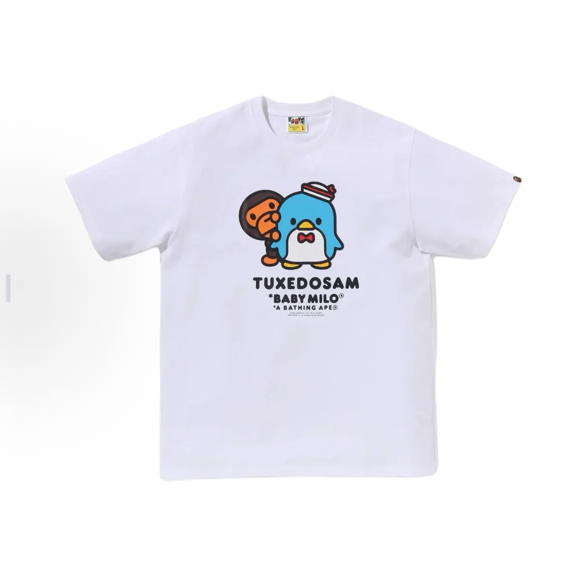 P110 00134 BAPE x Sanrio/Sanrio joint model FW24 TUXEDOSA Sam Penguin pattern printed logo round neck short-sleeved T-shirt, same style for men and women, size smlxlxxl, white