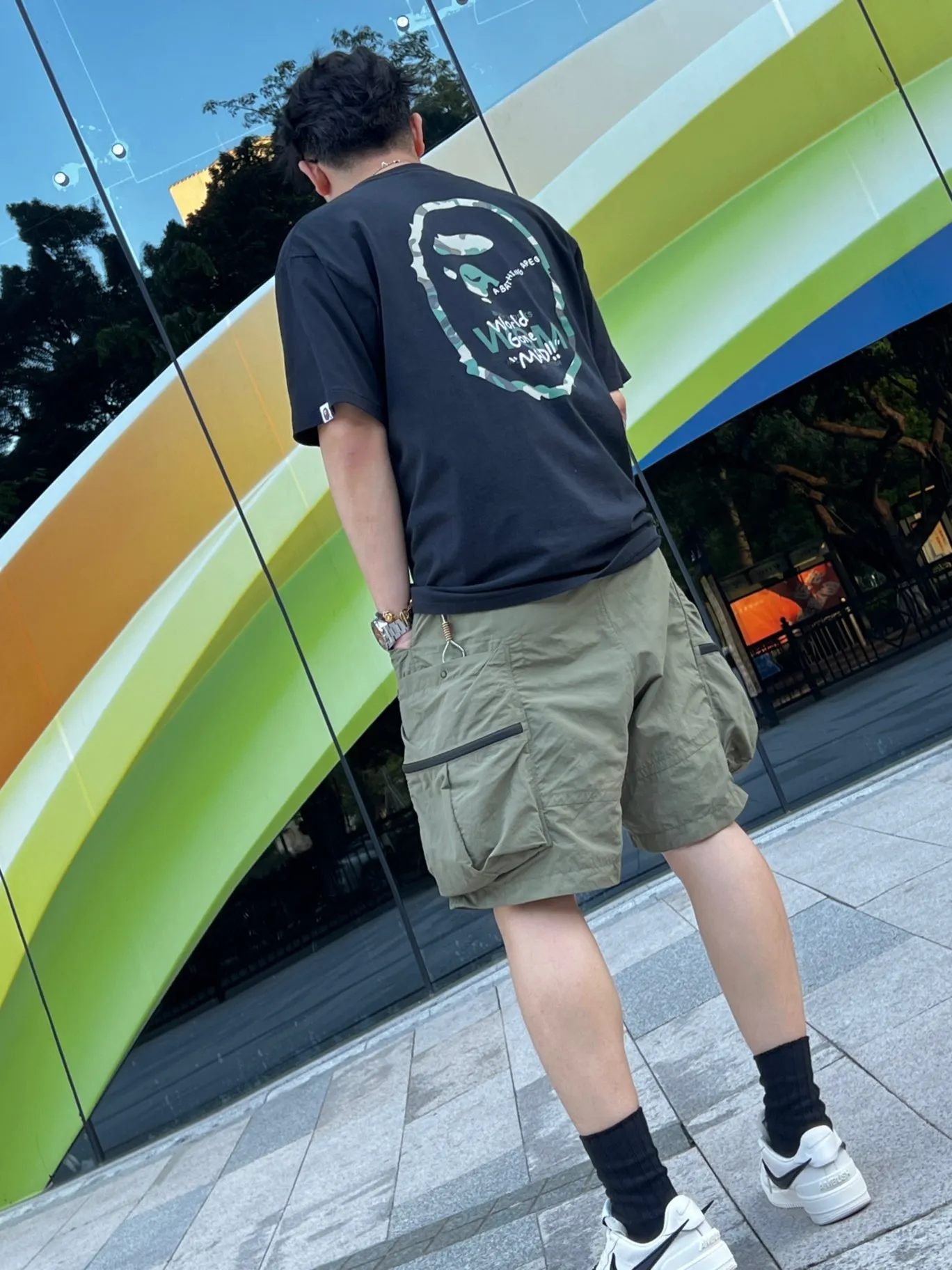 💰140 BAPE WOODLAND CAMO WGM forest camouflage ape letters ZP version 280g weight linen cotton fabric Couple style: S—XXL [Black White]