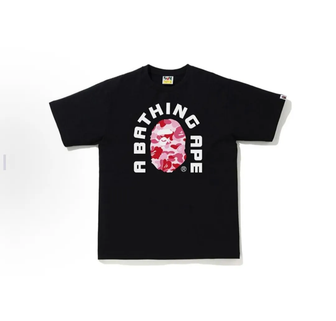 P110 001115 BAPE autumn and winter letter camouflage ape print short-sleeved T-shirt, same style for men and women, size smlxlxxl, black and green, black basket, black pink, white green, white blue, white pink