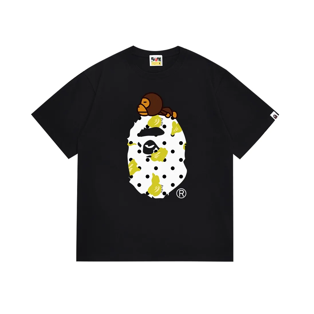 SC081#p110💰 (Top version) BAPE BABY MILO printed short-sleeved T-shirt with ape-man head polka dot pattern Made of 260 grams of high-quality high-weave pure cotton fabric, double yarn combed, soft texture and no pilling Imported environmentally friendly printing glue The pattern is bright and three-dimensional Quality💥Same style for men and women The upper body is trendy Color: black white Size: S M L XL XXL
