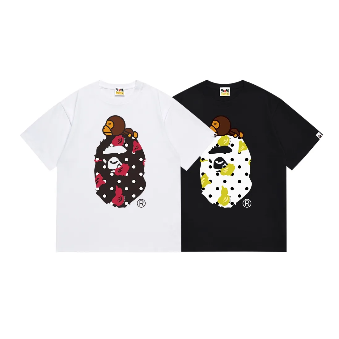 SC081#p110💰 (Top version) BAPE BABY MILO printed short-sleeved T-shirt with ape-man head polka dot pattern Made of 260 grams of high-quality high-weave pure cotton fabric, double yarn combed, soft texture and no pilling Imported environmentally friendly printing glue The pattern is bright and three-dimensional Quality💥Same style for men and women The upper body is trendy Color: black white Size: S M L XL XXL