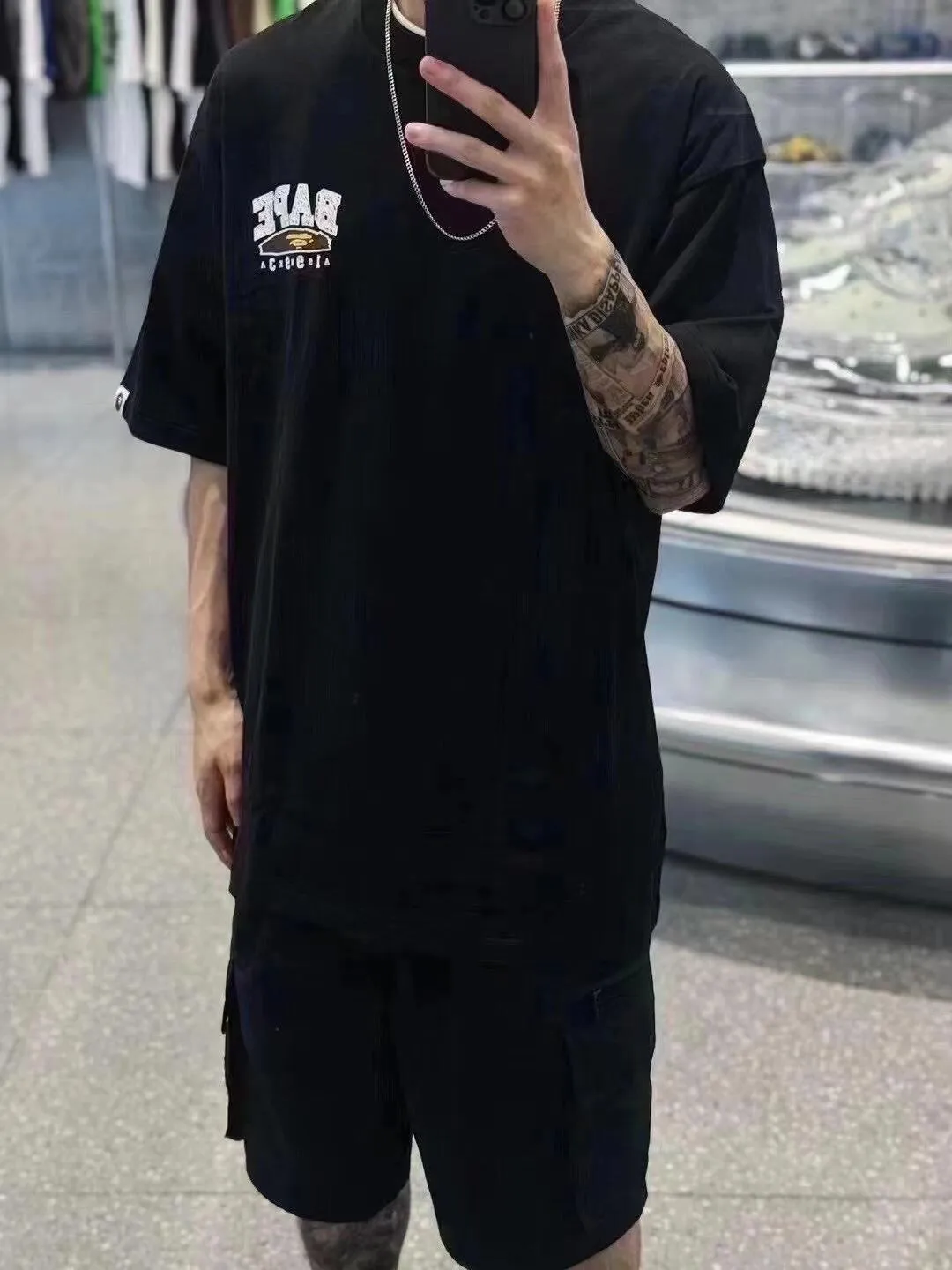 💰140 BAPE Return to College Series Hand-painted pattern short-sleeved T-shirt 280g weight linen cotton fabric ZP version Couple style: S-XXL [Black White]