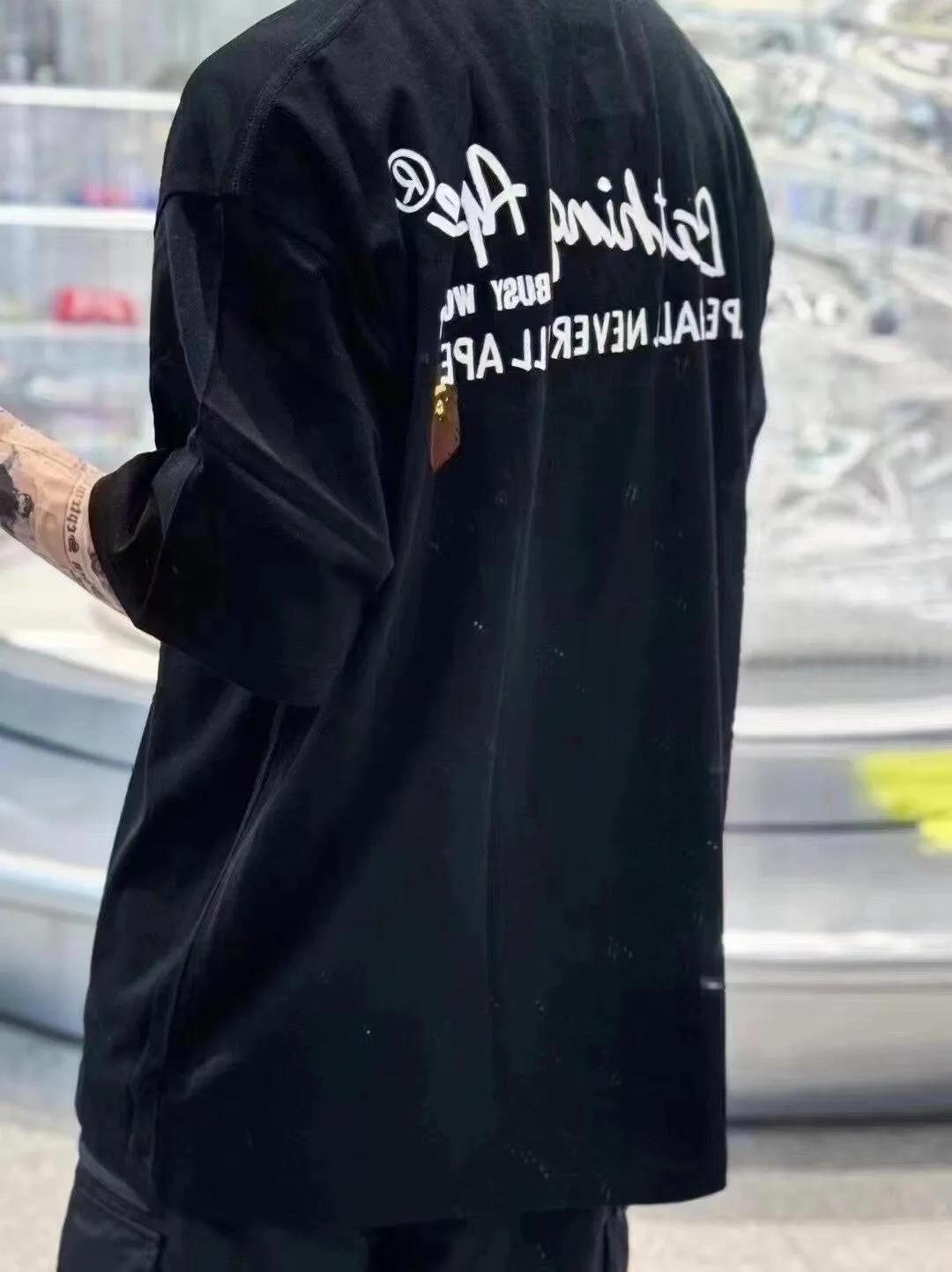 💰140 BAPE Return to College Series Hand-painted pattern short-sleeved T-shirt 280g weight linen cotton fabric ZP version Couple style: S-XXL [Black White]