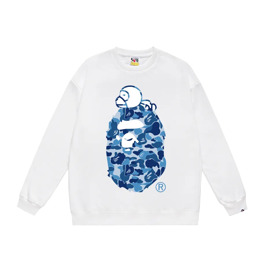 P150 model number SC446# terry 75 plus velvet 80 (top version) BAPE sleeping monkey ape head pattern loose round neck sweatshirt. Made of 350g large terry (drop shoulder large version) fabric, soft texture and no pilling. Imported environmentally friendly printing glue. Bright and three-dimensional pattern. Quality 💥Same style for men and women. The upper body is trendy. Color: black and blue, white and blue, gray and blue, black and green, white and green, gray and green, black and red, white and gray and red. Size: S M L XL XXL