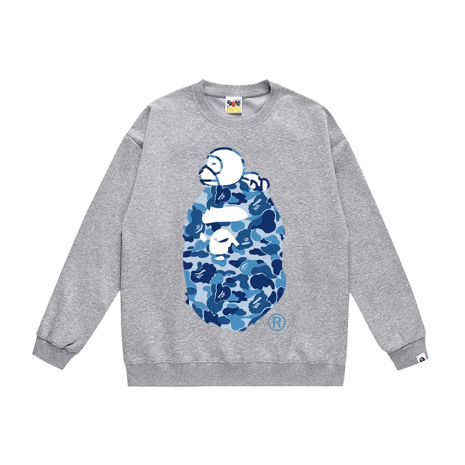 P150 model number SC446# terry 75 plus velvet 80 (top version) BAPE sleeping monkey ape head pattern loose round neck sweatshirt. Made of 350g large terry (drop shoulder large version) fabric, soft texture and no pilling. Imported environmentally friendly printing glue. Bright and three-dimensional pattern. Quality 💥Same style for men and women. The upper body is trendy. Color: black and blue, white and blue, gray and blue, black and green, white and green, gray and green, black and red, white and gray and red. Size: S M L XL XXL