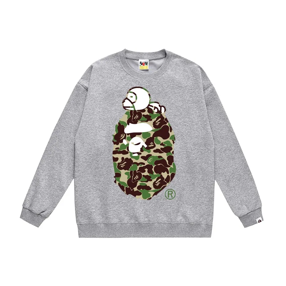 P150 model number SC446# terry 75 plus velvet 80 (top version) BAPE sleeping monkey ape head pattern loose round neck sweatshirt. Made of 350g large terry (drop shoulder large version) fabric, soft texture and no pilling. Imported environmentally friendly printing glue. Bright and three-dimensional pattern. Quality 💥Same style for men and women. The upper body is trendy. Color: black and blue, white and blue, gray and blue, black and green, white and green, gray and green, black and red, white and gray and red. Size: S M L XL XXL