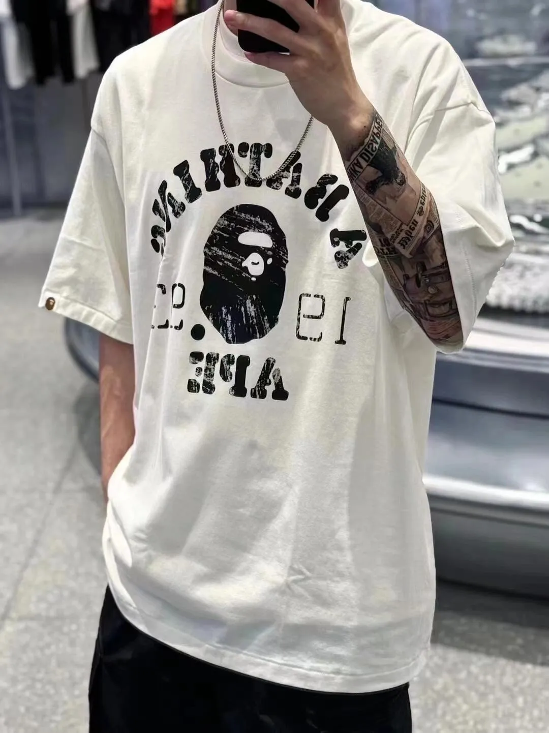💰140 BAPE ape head letter 1993 digital printed short-sleeved T-shirt 280g weight linen cotton fabric ZP version couple style: S-XXL [charcoal gray white]