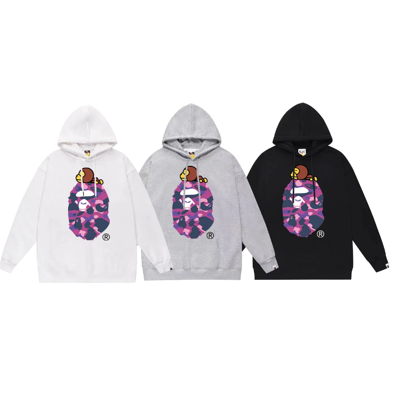P160 model number SC763# terry 80 plus velvet 90 (top version) BAPE monkey and ape combination printed hooded sweatshirt. Made of 380g large terry (drop shoulder large version) fabric, soft texture and no pilling. Imported environmentally friendly printing glue. Bright and three-dimensional pattern. Quality 💥Same style for men and women. The upper body is fashionable. Color: black and red, white and red, gray and red, black and blue, white and blue, gray and blue, black and green, white and green, gray and green, black and purple. White purple gray purple Size: S M L XL XXL