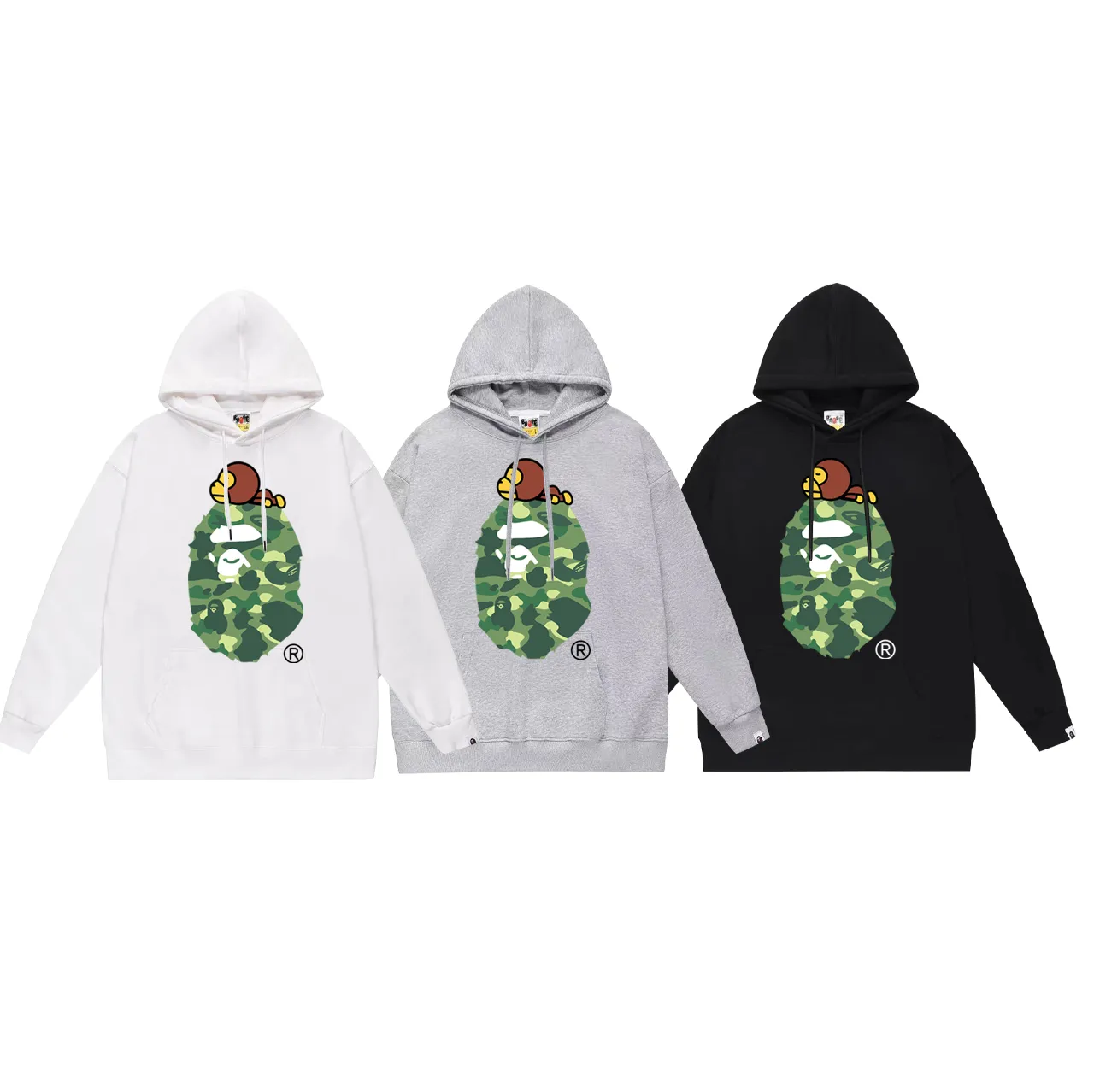 P160 model number SC763# terry 80 plus velvet 90 (top version) BAPE monkey and ape combination printed hooded sweatshirt. Made of 380g large terry (drop shoulder large version) fabric, soft texture and no pilling. Imported environmentally friendly printing glue. Bright and three-dimensional pattern. Quality 💥Same style for men and women. The upper body is fashionable. Color: black and red, white and red, gray and red, black and blue, white and blue, gray and blue, black and green, white and green, gray and green, black and purple. White purple gray purple Size: S M L XL XXL