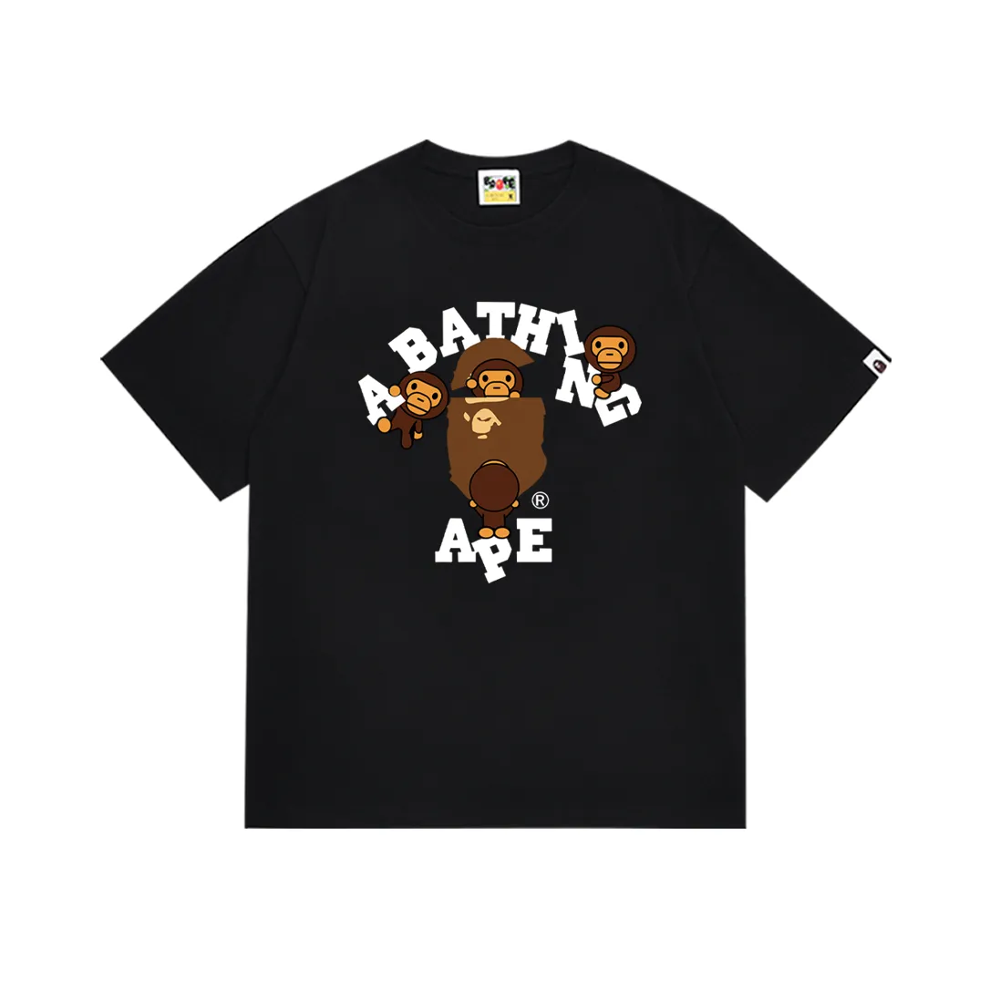 SC239#p110💰 (top version) BAPE cartoon BABY MILO ape head letter printed short-sleeved T-shirt. Made of 260 grams of high-quality high-weave pure cotton fabric. Double yarn combed. The texture is soft and non-pilling. Imported environmentally friendly printing glue. The pattern is bright and three-dimensional. Quality💥Same style for men and women. The upper body is trendy. Color: black white. Size: S M L XL XXL